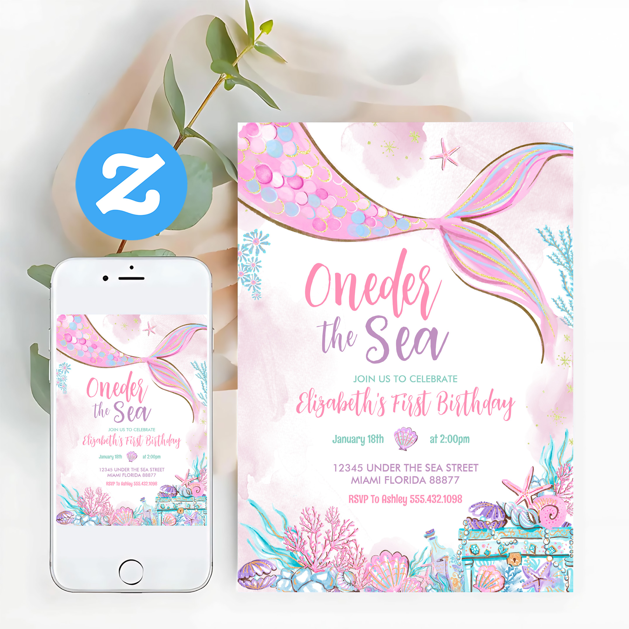 Oneder The Sea Little Mermaid First 1st Birthday Invitation - Image 12