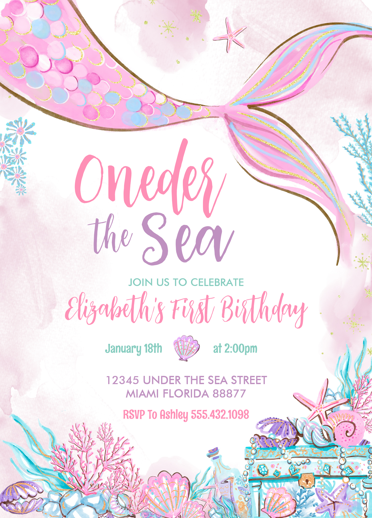 Oneder The Sea Little Mermaid First 1st Birthday Invitation