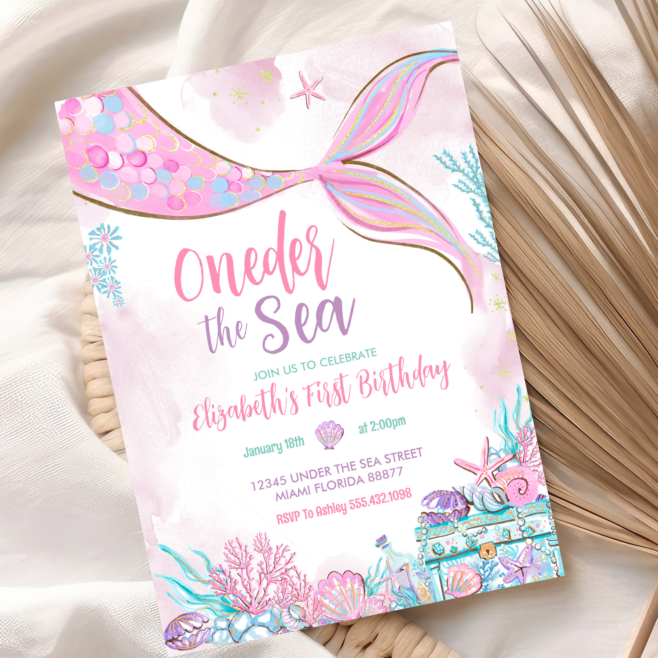 Oneder The Sea Little Mermaid First 1st Birthday Invitation - Image 10