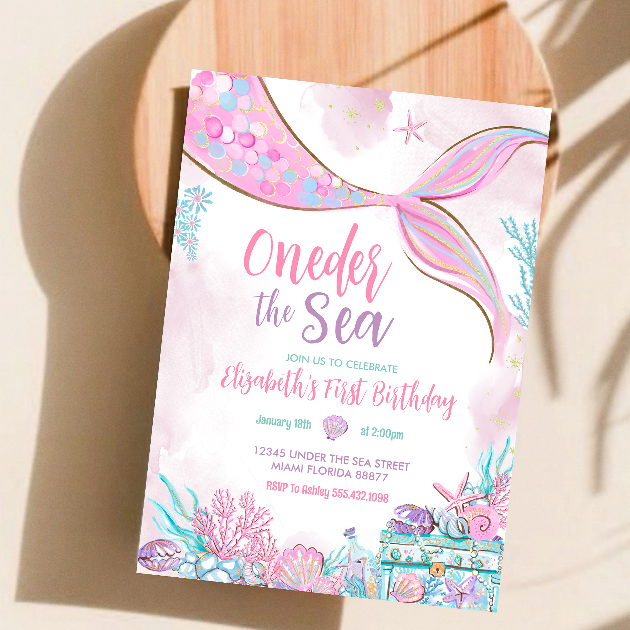 Oneder The Sea Little Mermaid First 1st Birthday Invitation - Image 11