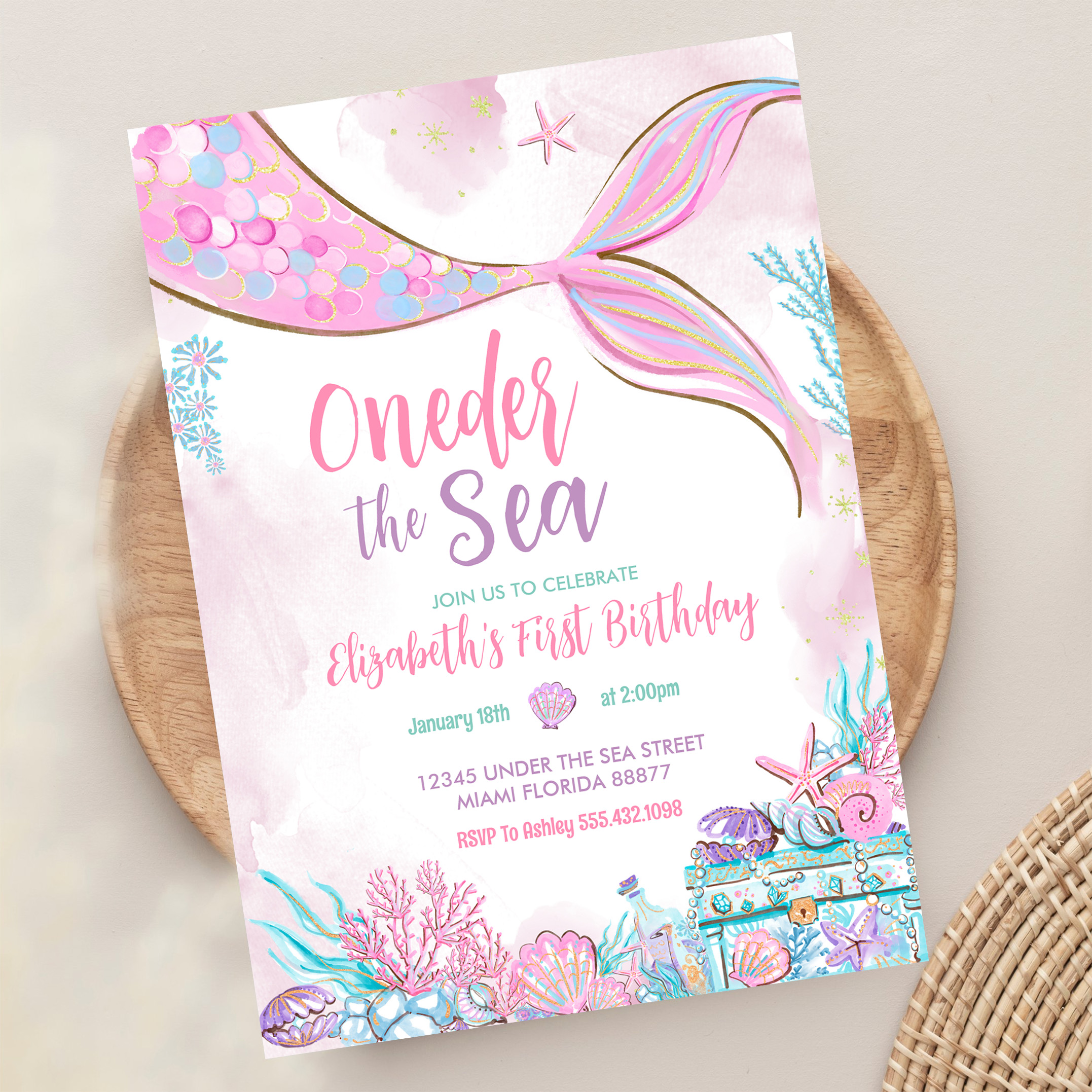 Oneder The Sea Little Mermaid First 1st Birthday Invitation - Image 13
