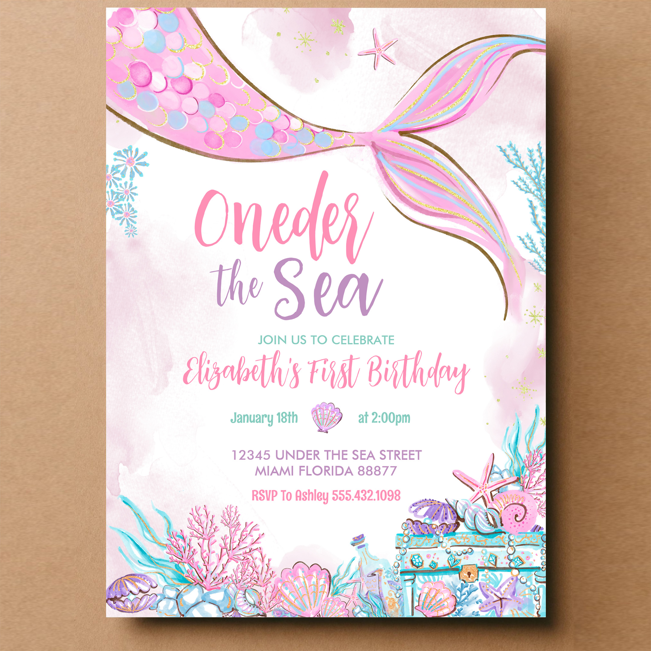 Oneder The Sea Little Mermaid First 1st Birthday Invitation - Image 14