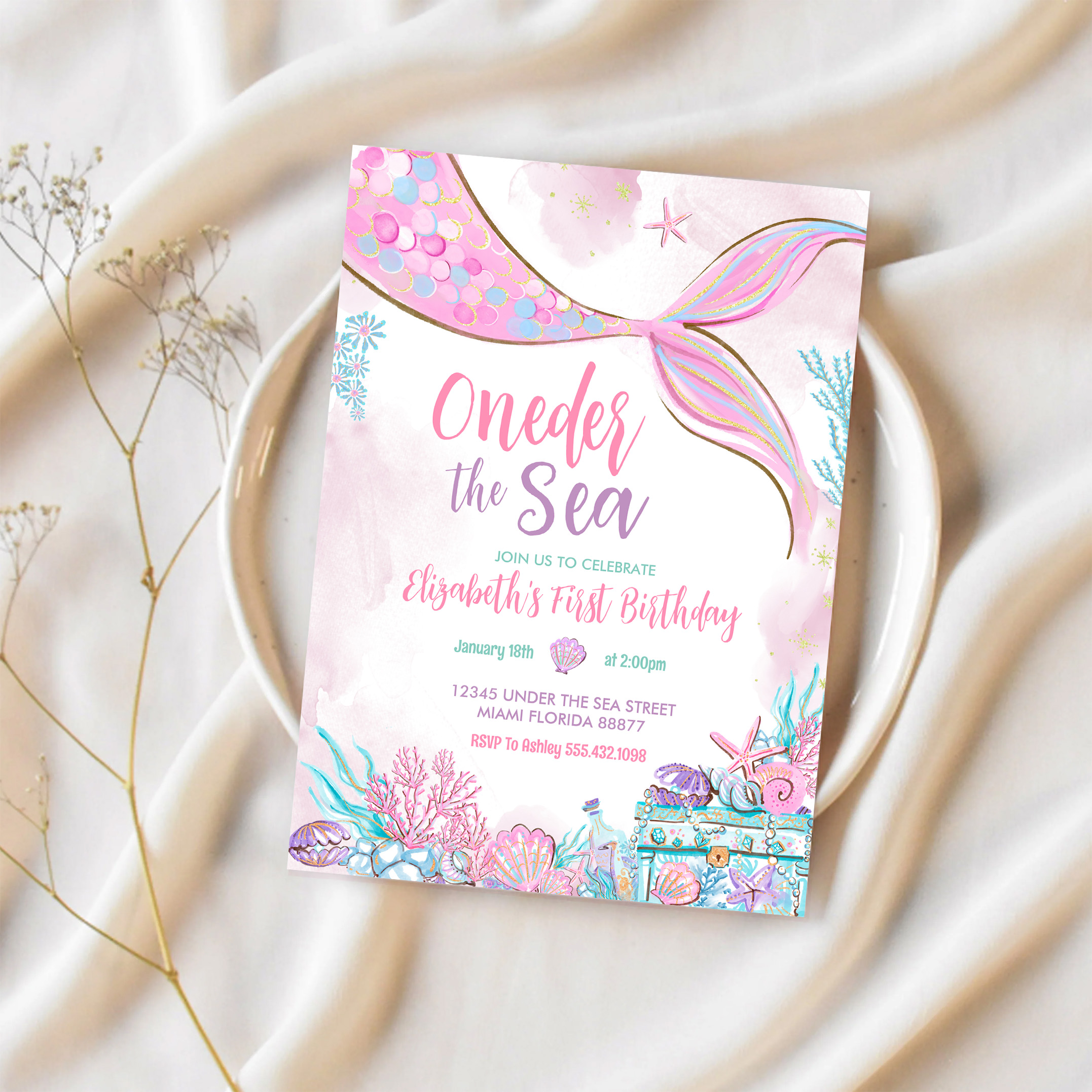 Oneder The Sea Little Mermaid First 1st Birthday Invitation - Image 2