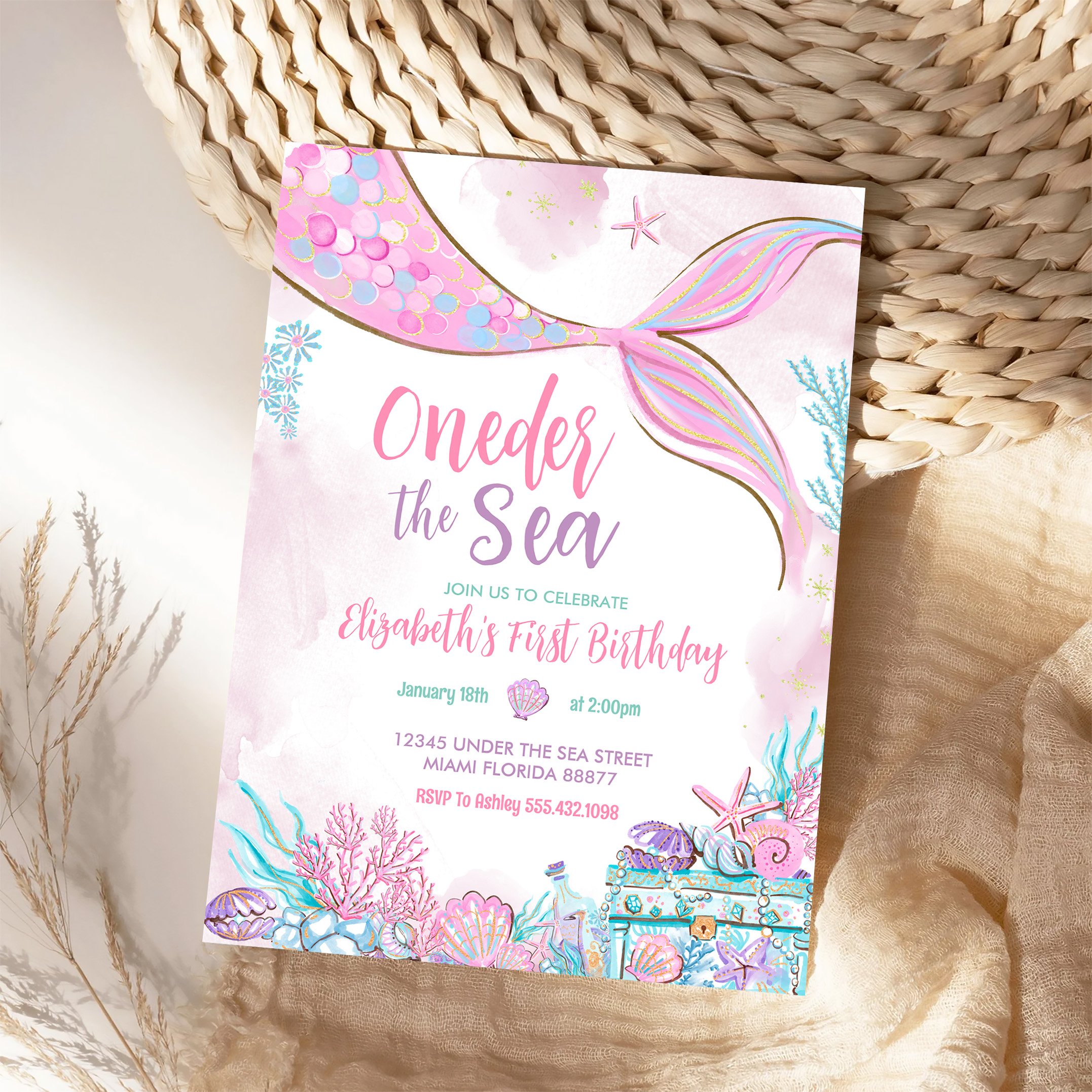 Oneder The Sea Little Mermaid First 1st Birthday Invitation - Image 4