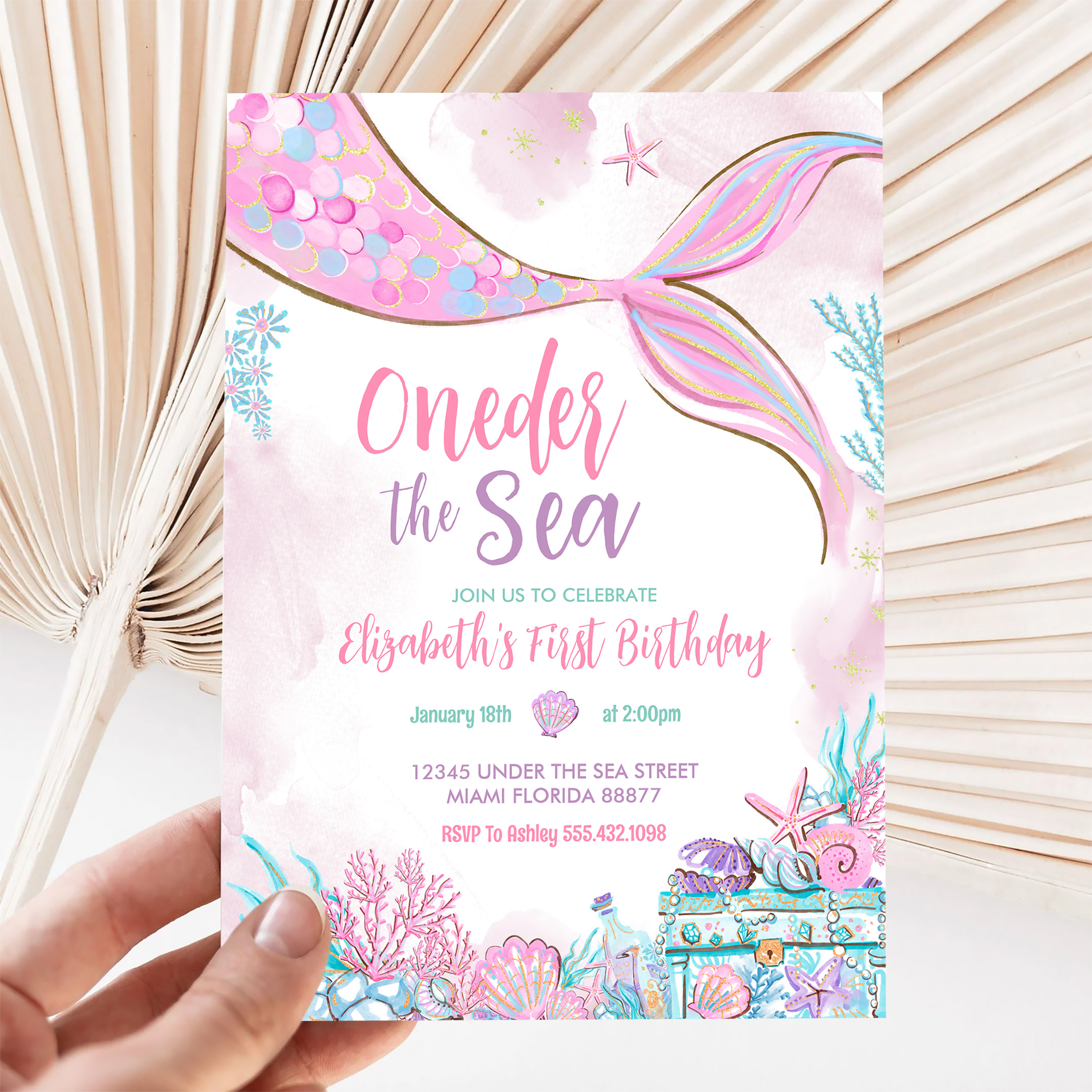 Oneder The Sea Little Mermaid First 1st Birthday Invitation - Image 5