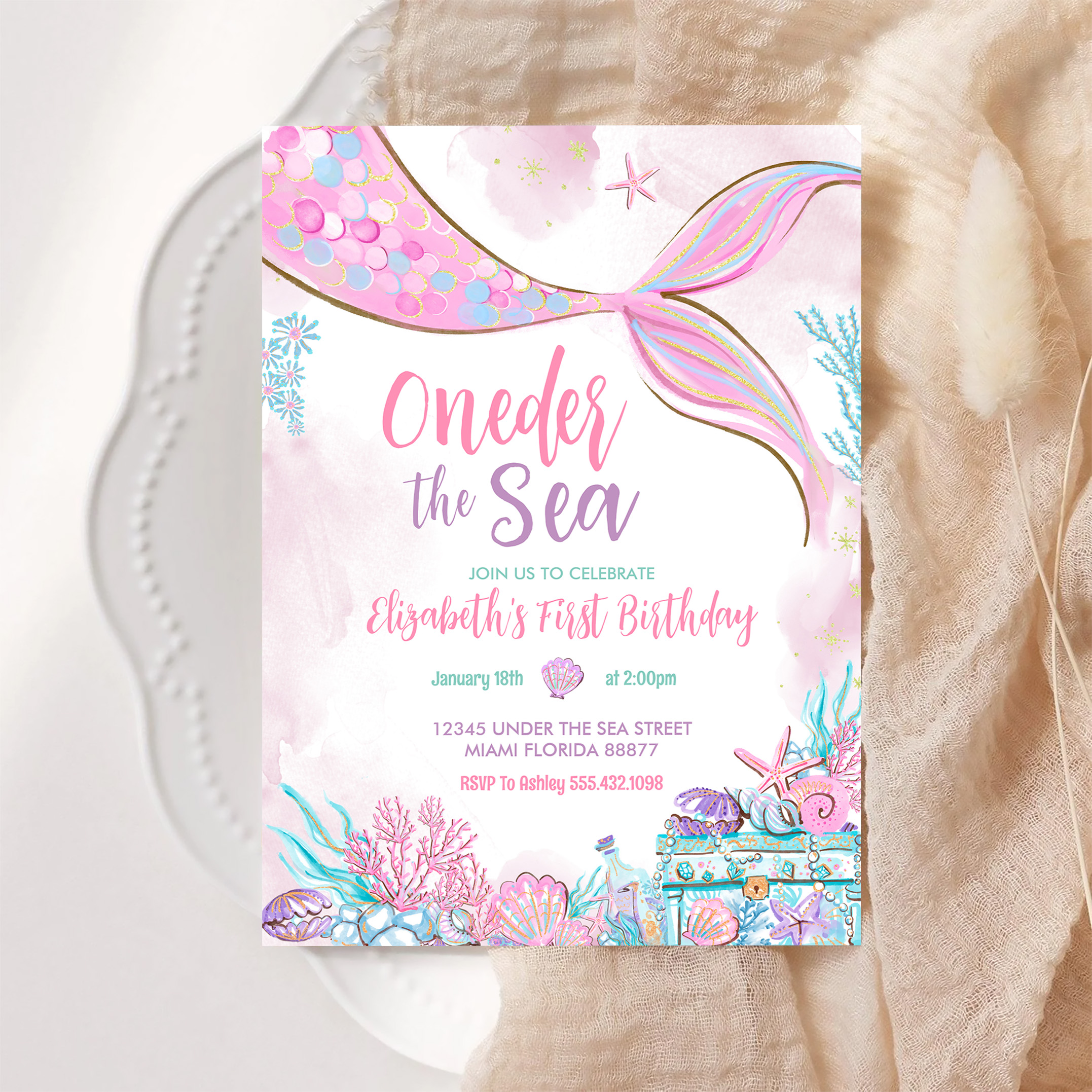 Oneder The Sea Little Mermaid First 1st Birthday Invitation - Image 6