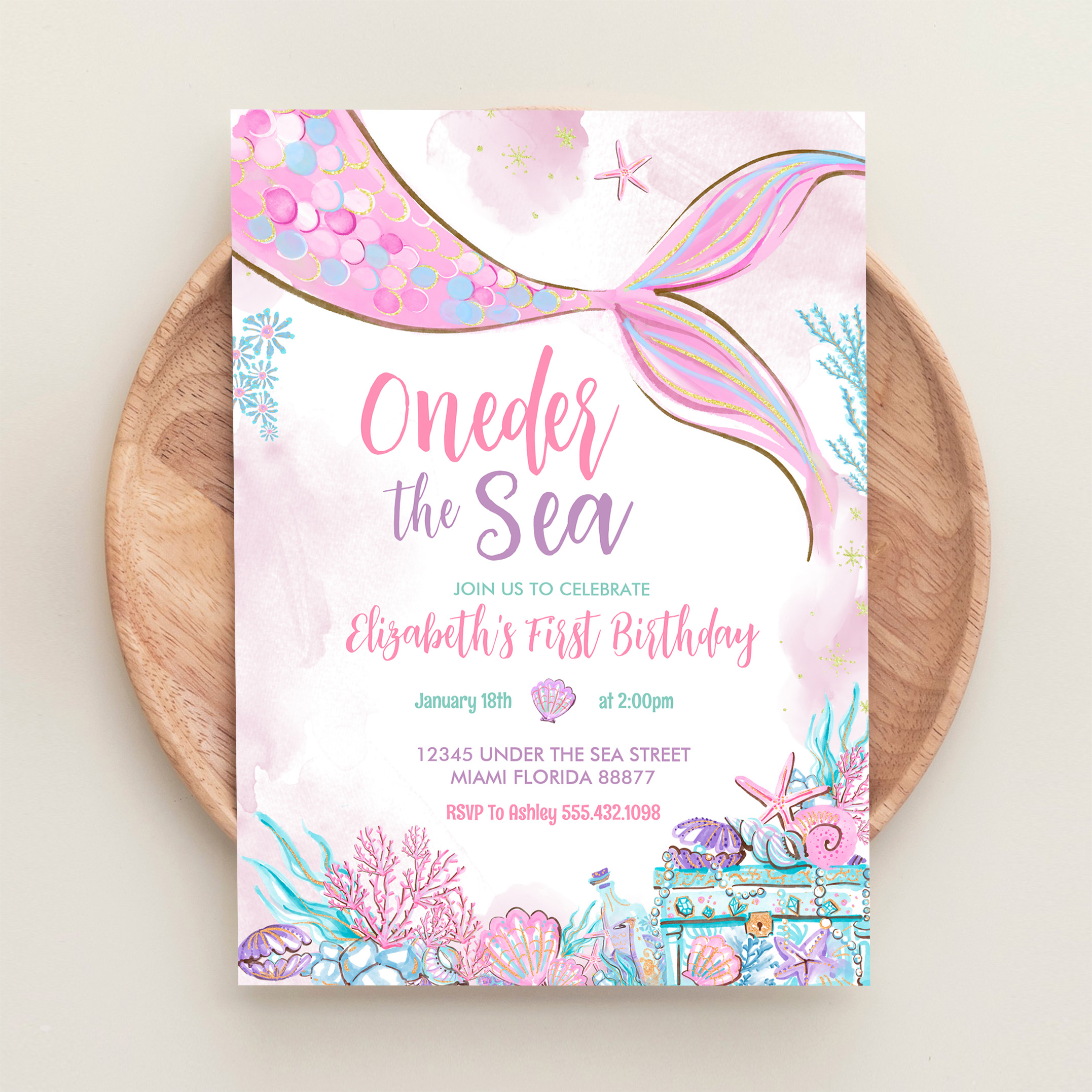Oneder The Sea Little Mermaid First 1st Birthday Invitation - Image 7