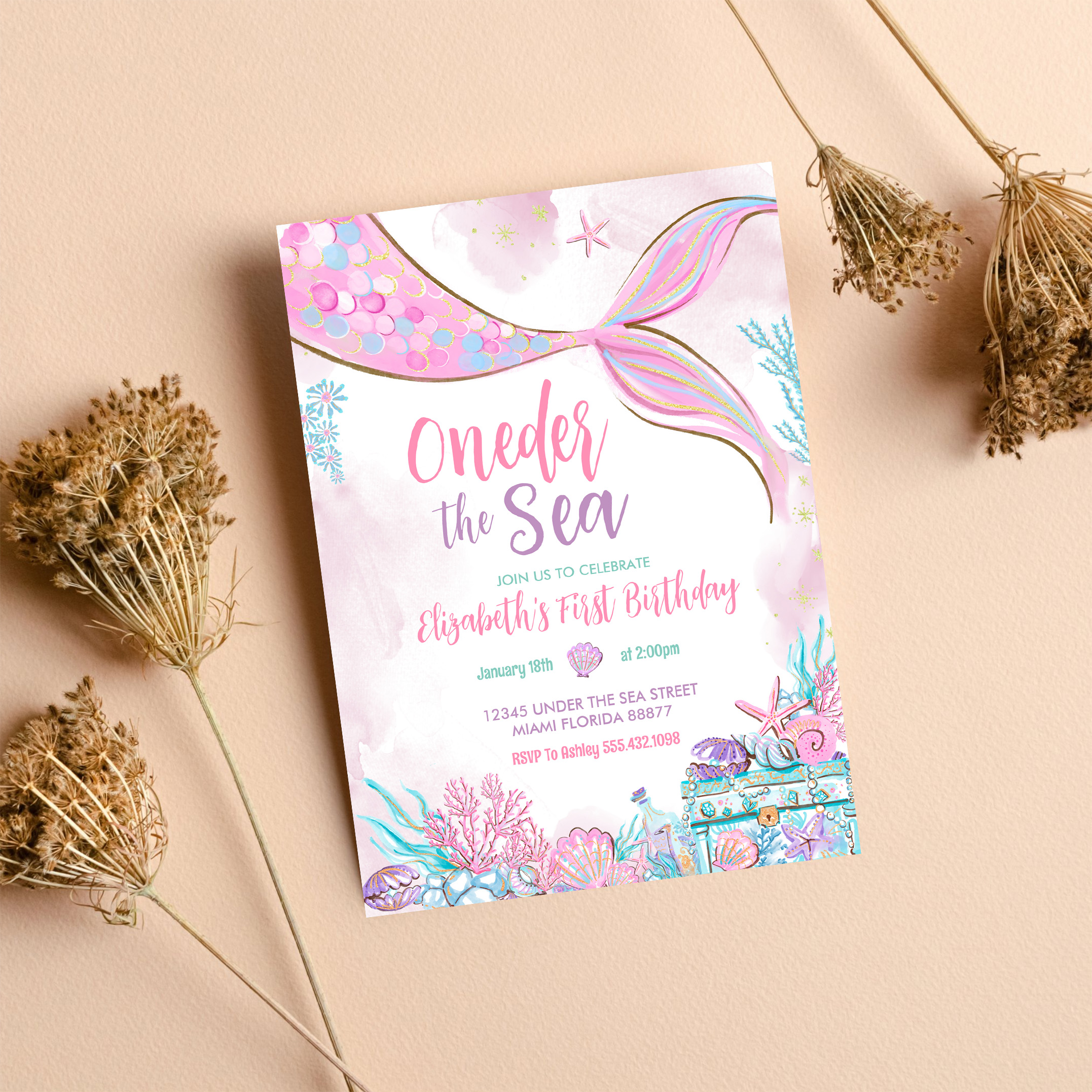 Oneder The Sea Little Mermaid First 1st Birthday Invitation - Image 8