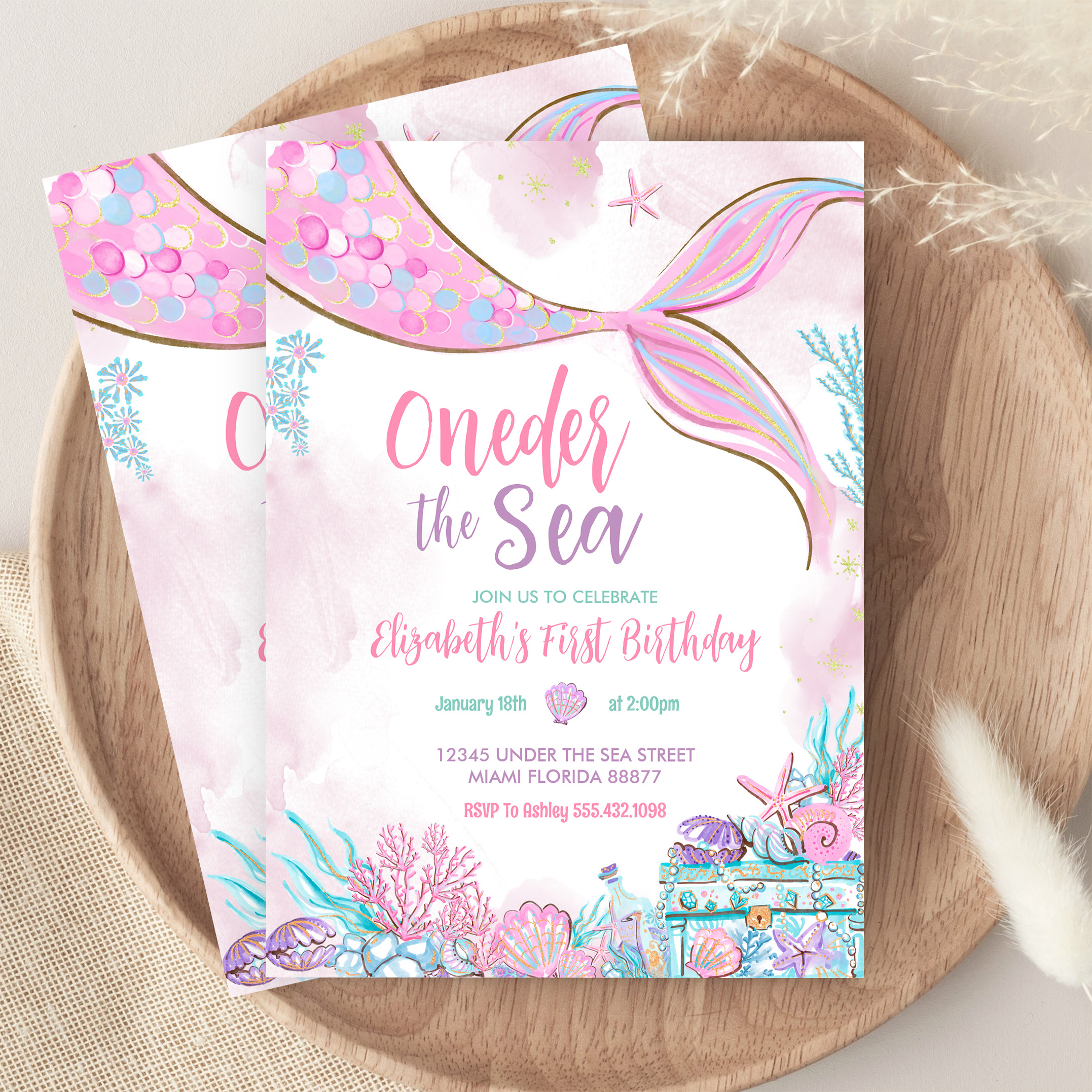 Oneder The Sea Little Mermaid First 1st Birthday Invitation - Image 9