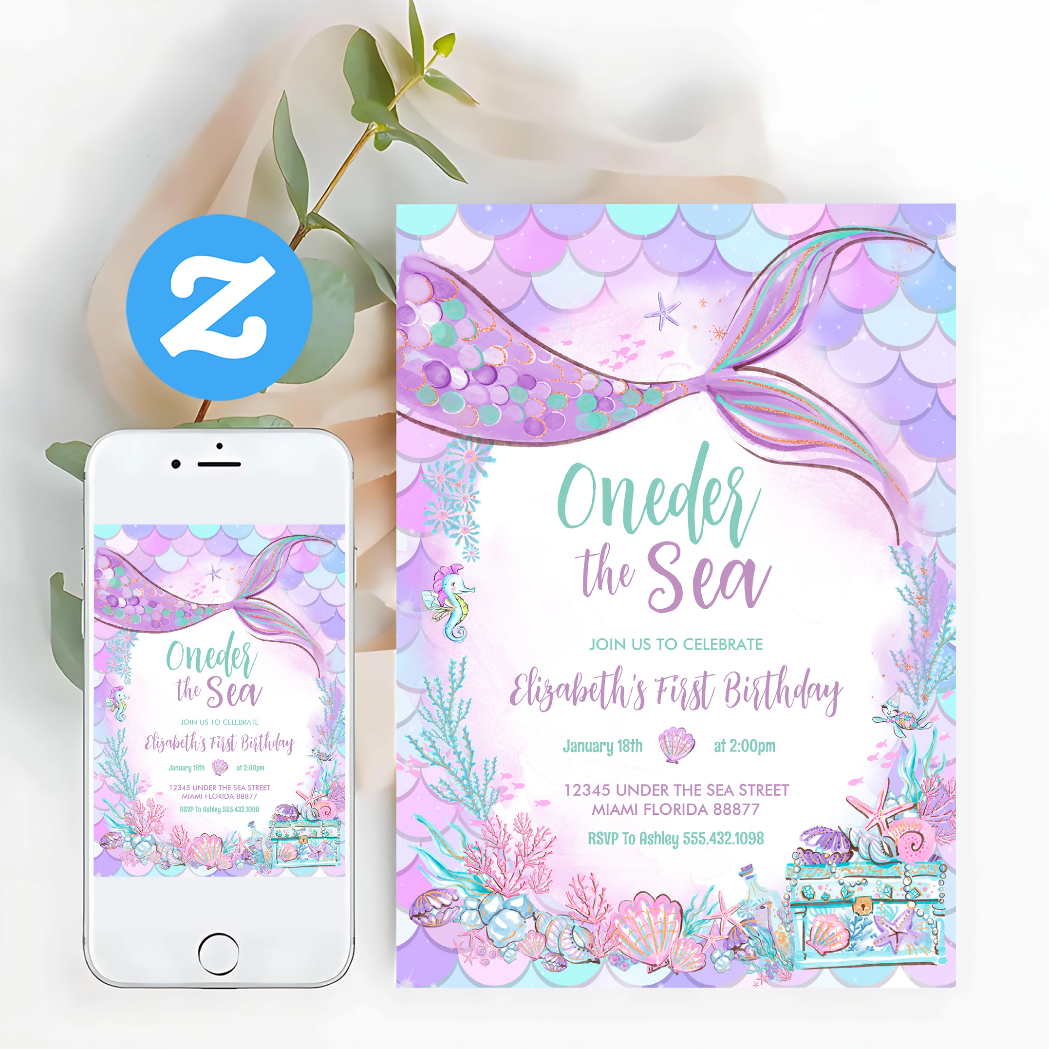 Oneder The Sea Little Mermaid First 1st Birthday Invitation - Image 12