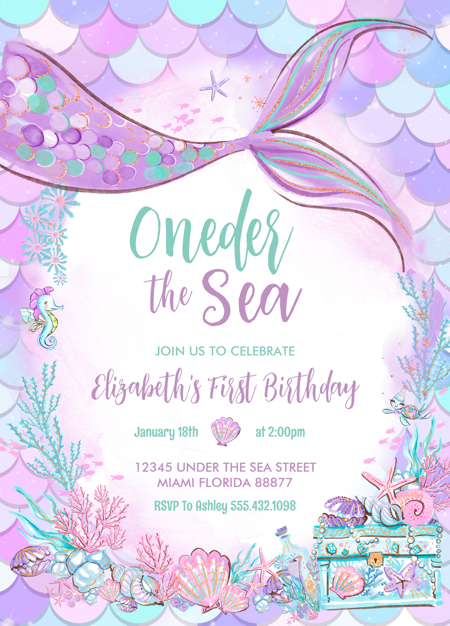 Oneder The Sea Little Mermaid First 1st Birthday Invitation