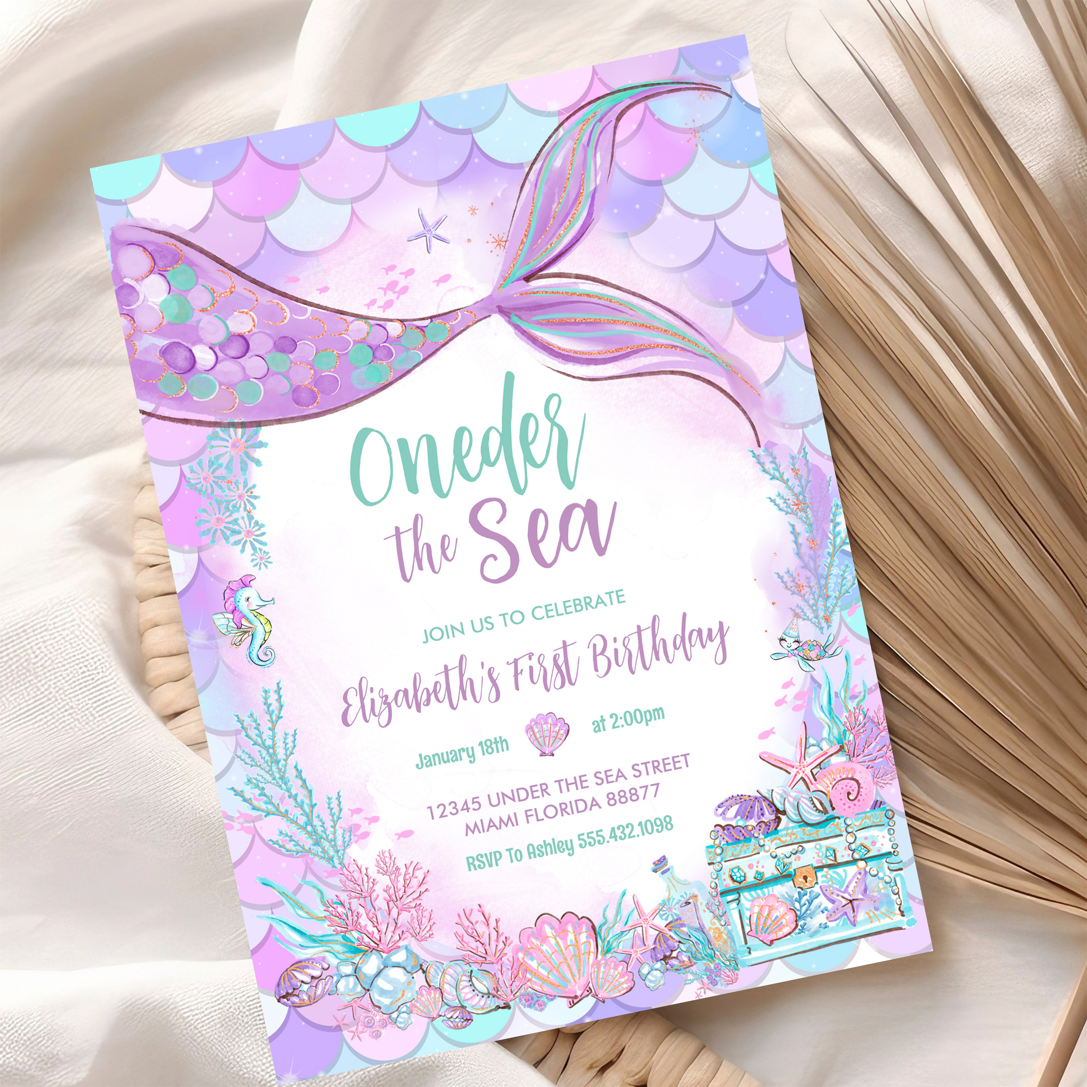 Oneder The Sea Little Mermaid First 1st Birthday Invitation - Image 10