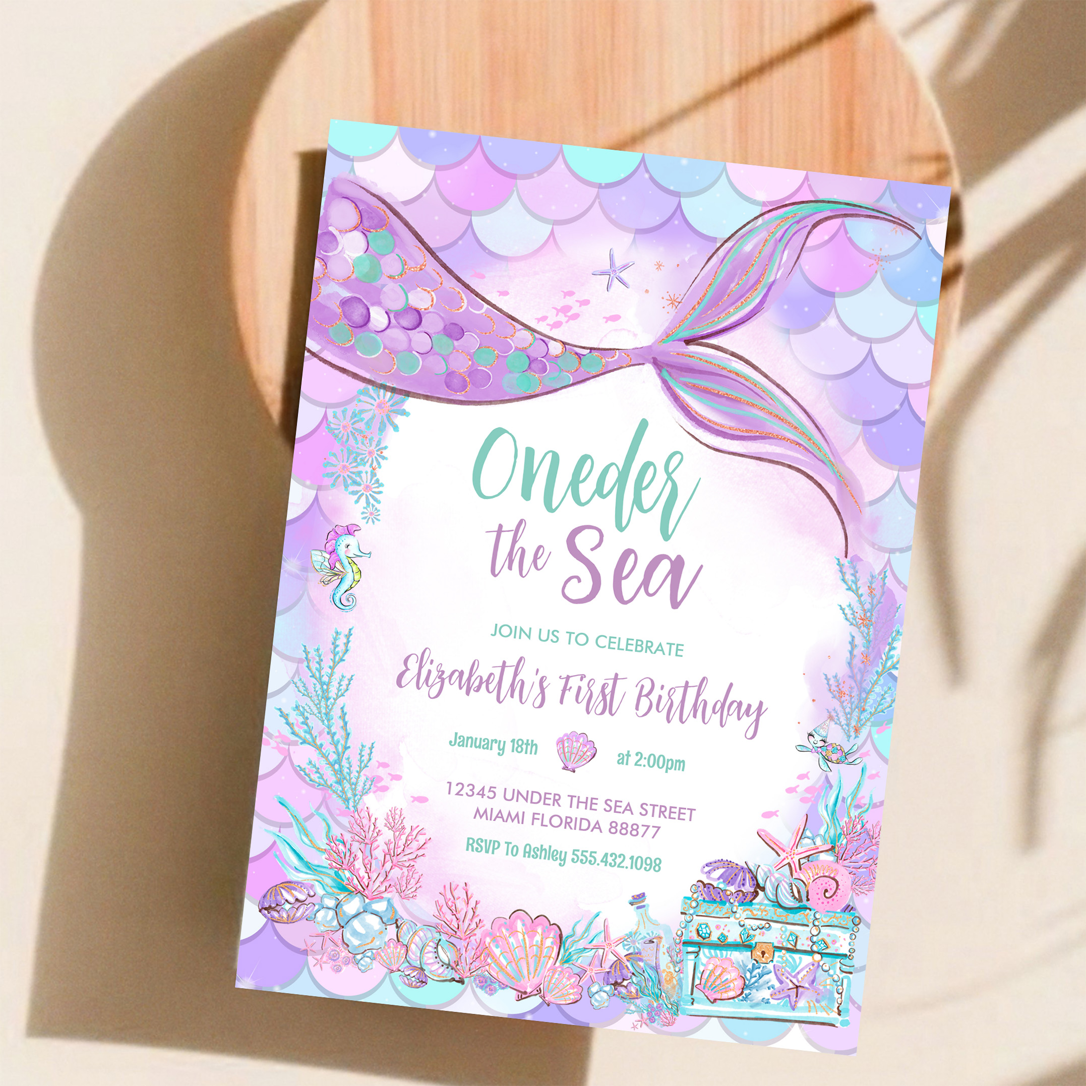 Oneder The Sea Little Mermaid First 1st Birthday Invitation - Image 11