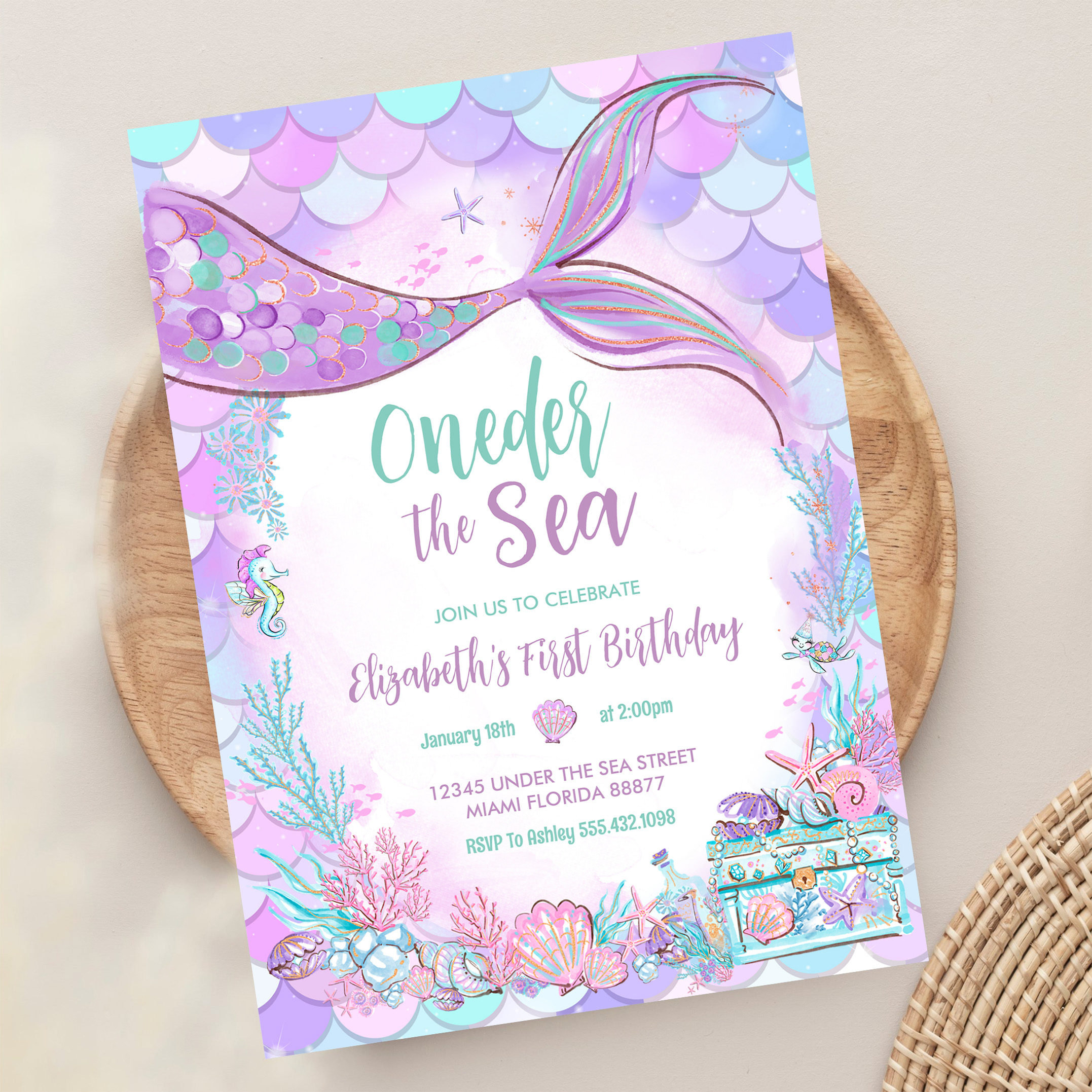 Oneder The Sea Little Mermaid First 1st Birthday Invitation - Image 13