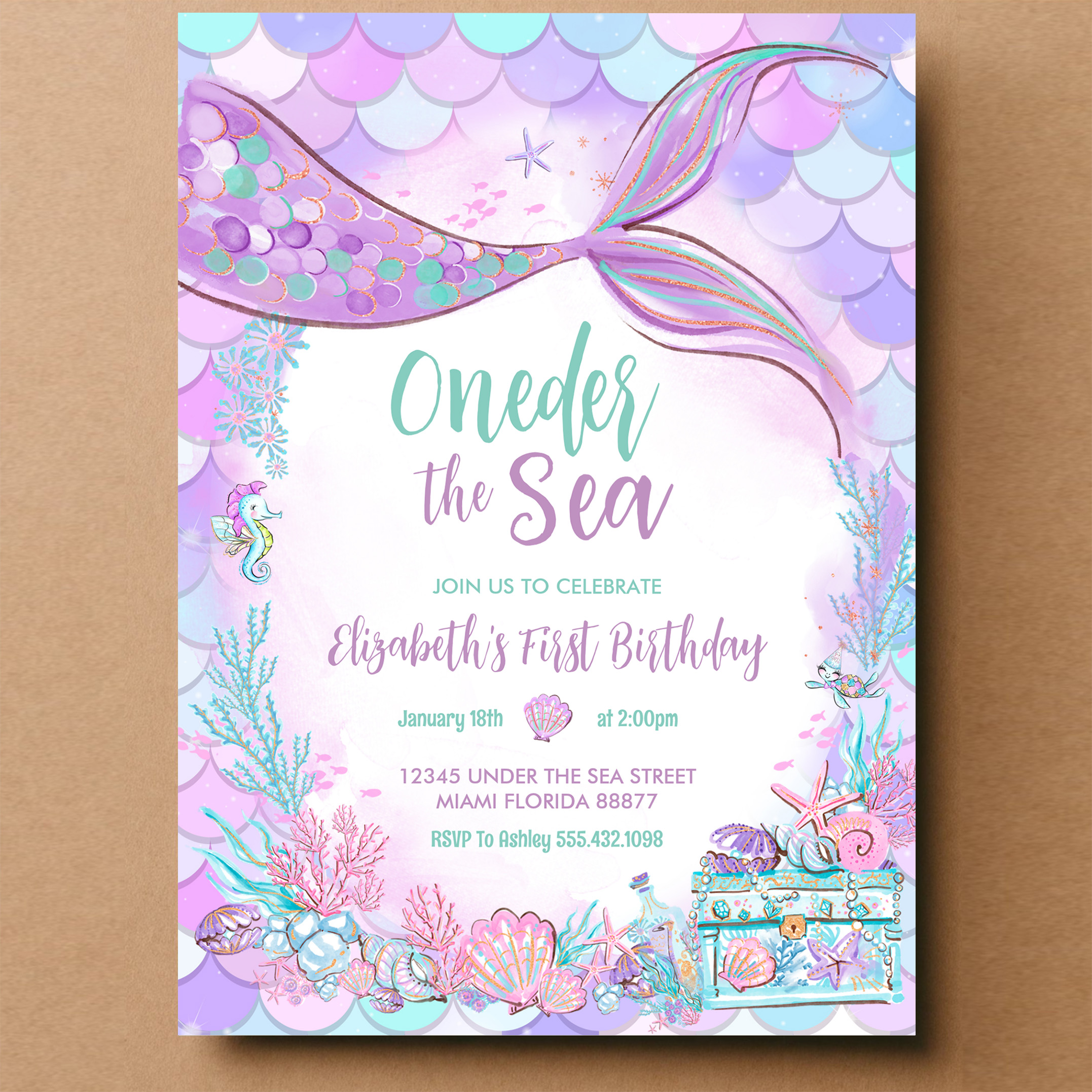 Oneder The Sea Little Mermaid First 1st Birthday Invitation - Image 14