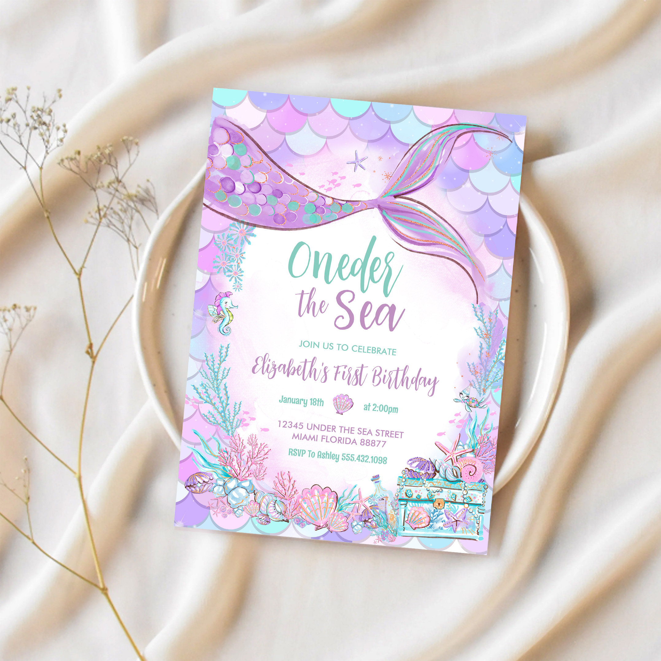 Oneder The Sea Little Mermaid First 1st Birthday Invitation - Image 2