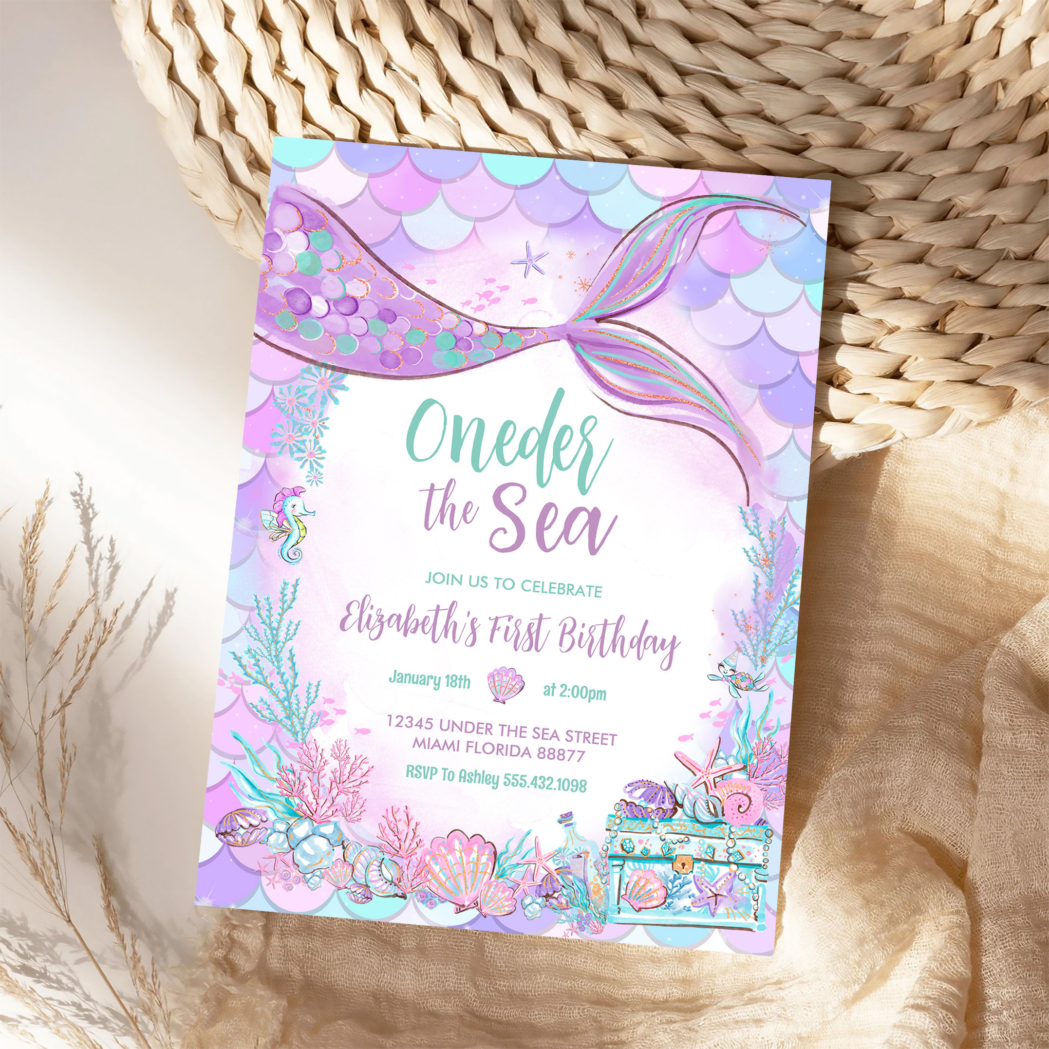 Oneder The Sea Little Mermaid First 1st Birthday Invitation - Image 4