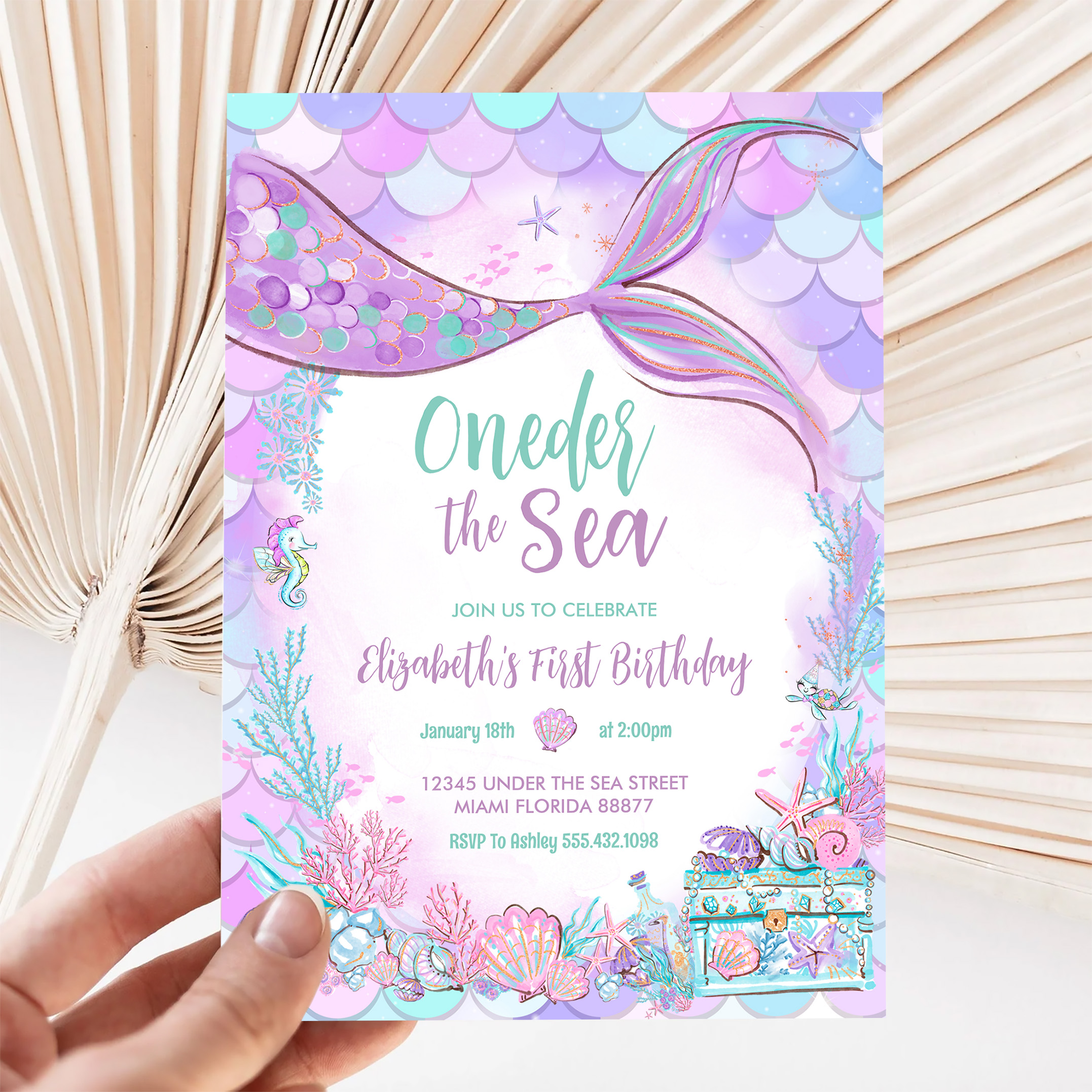 Oneder The Sea Little Mermaid First 1st Birthday Invitation - Image 5