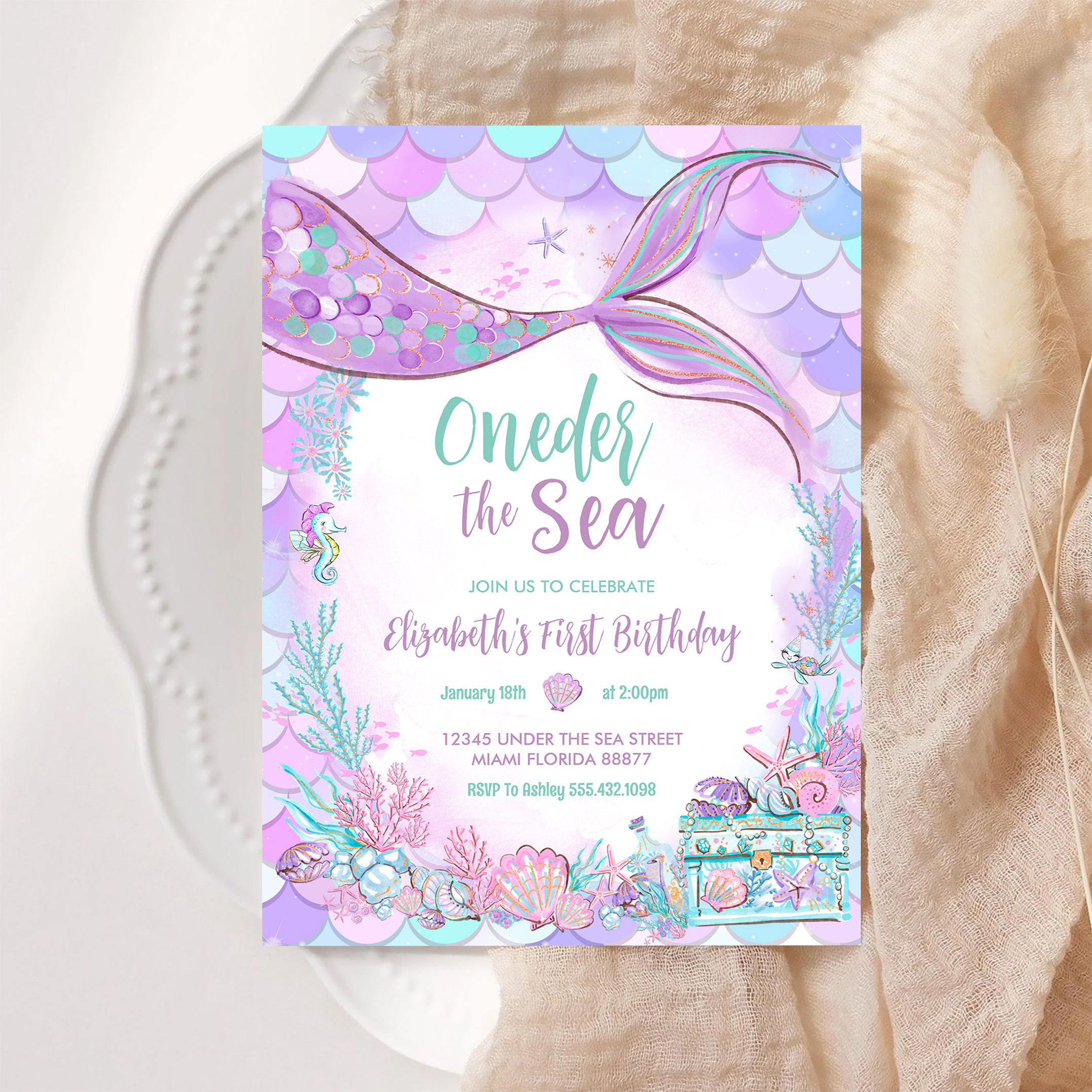 Oneder The Sea Little Mermaid First 1st Birthday Invitation - Image 6