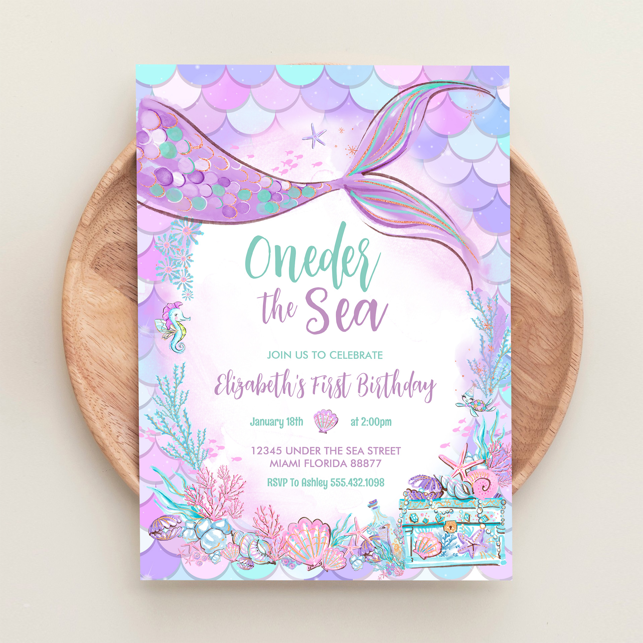 Oneder The Sea Little Mermaid First 1st Birthday Invitation - Image 7