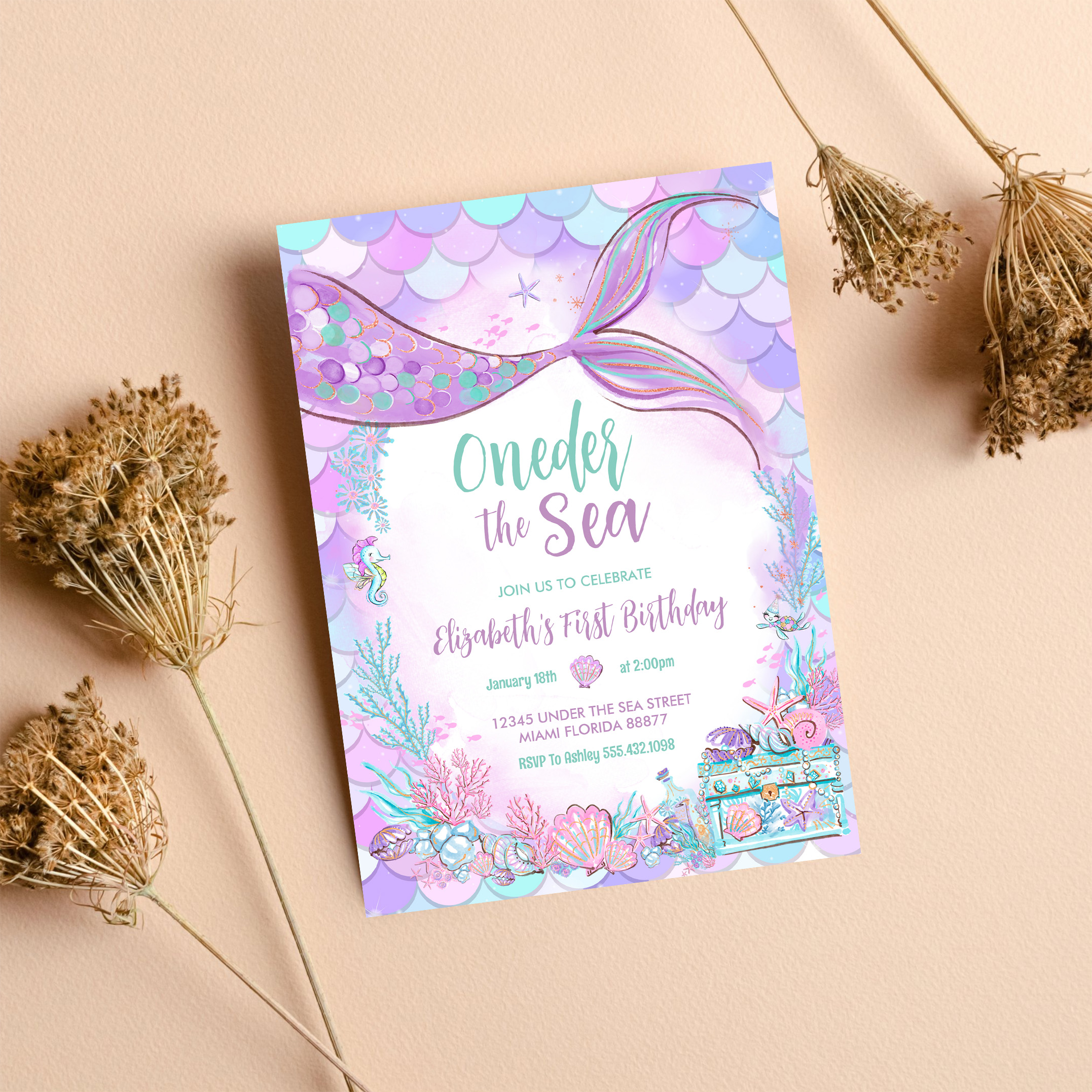 Oneder The Sea Little Mermaid First 1st Birthday Invitation - Image 8