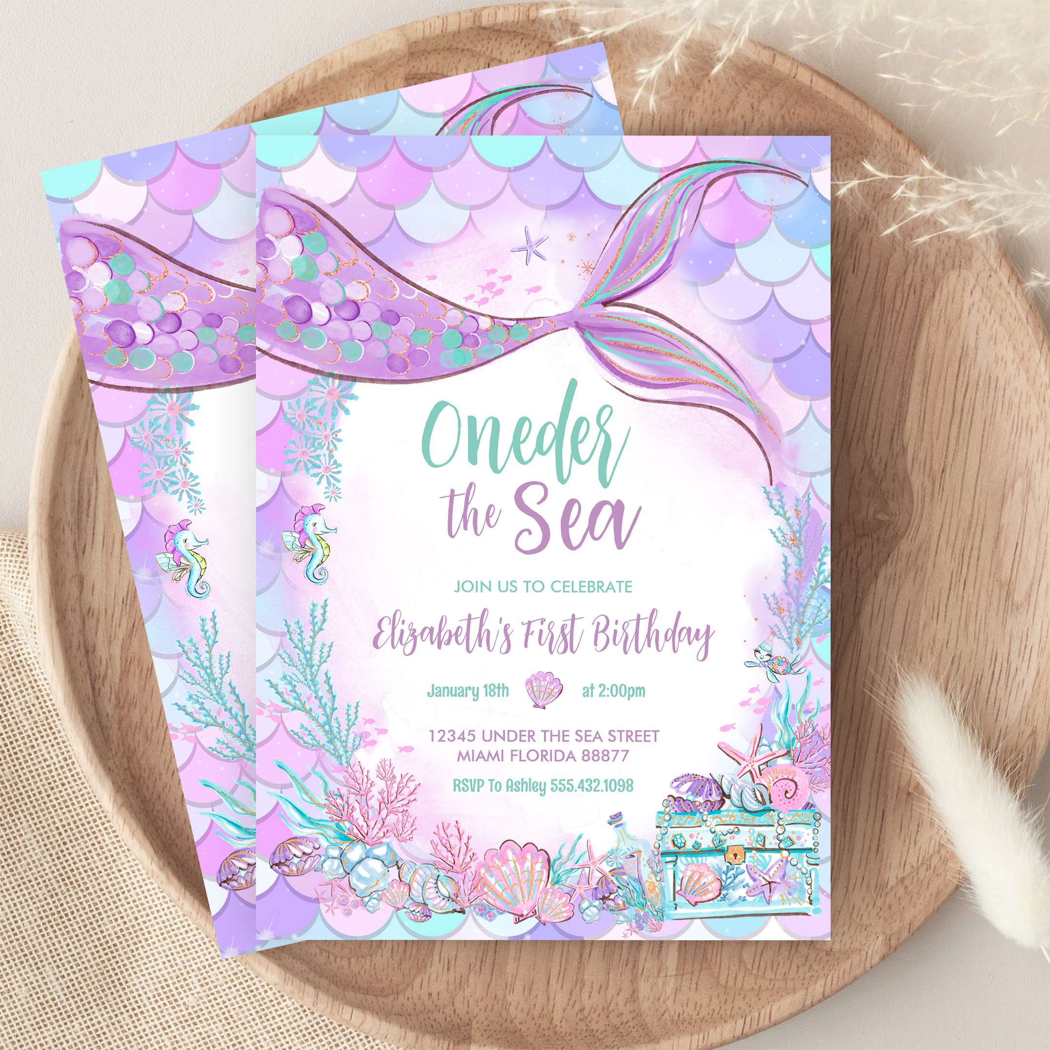 Oneder The Sea Little Mermaid First 1st Birthday Invitation - Image 9