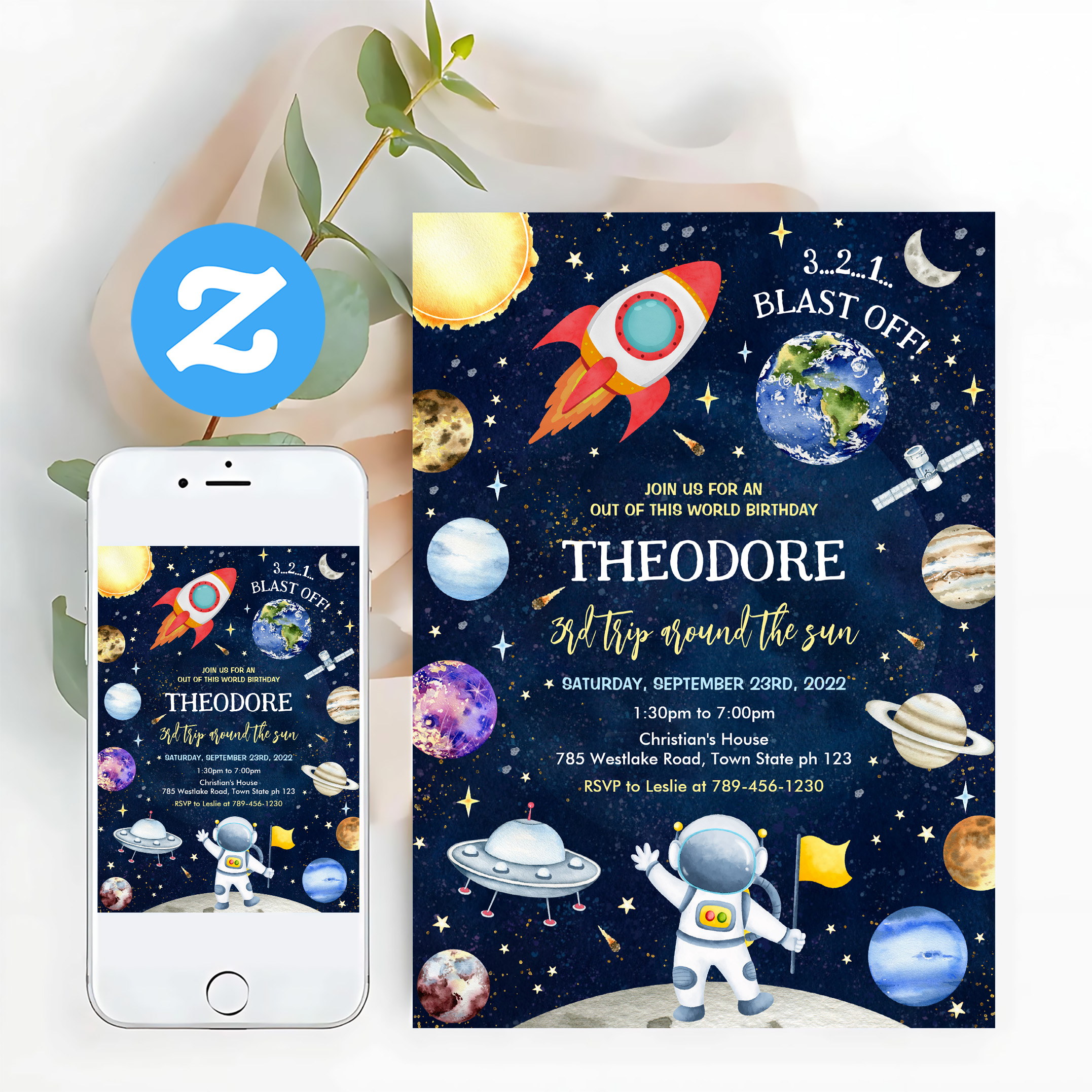 Outer Space Galaxy Planets Rocket Birthday Invitation - Image 12