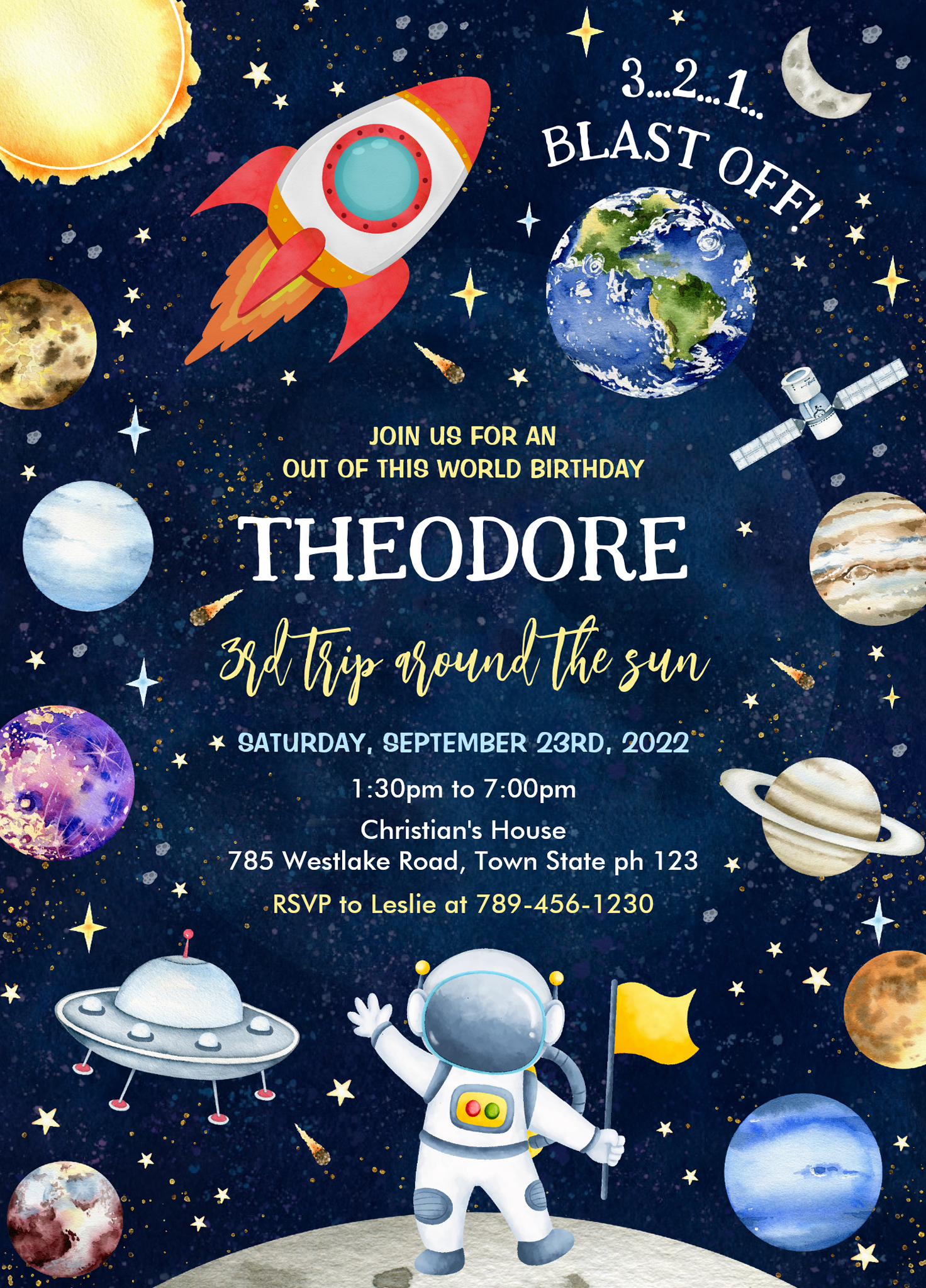 Outer Space Galaxy Planets Rocket Birthday Invitation