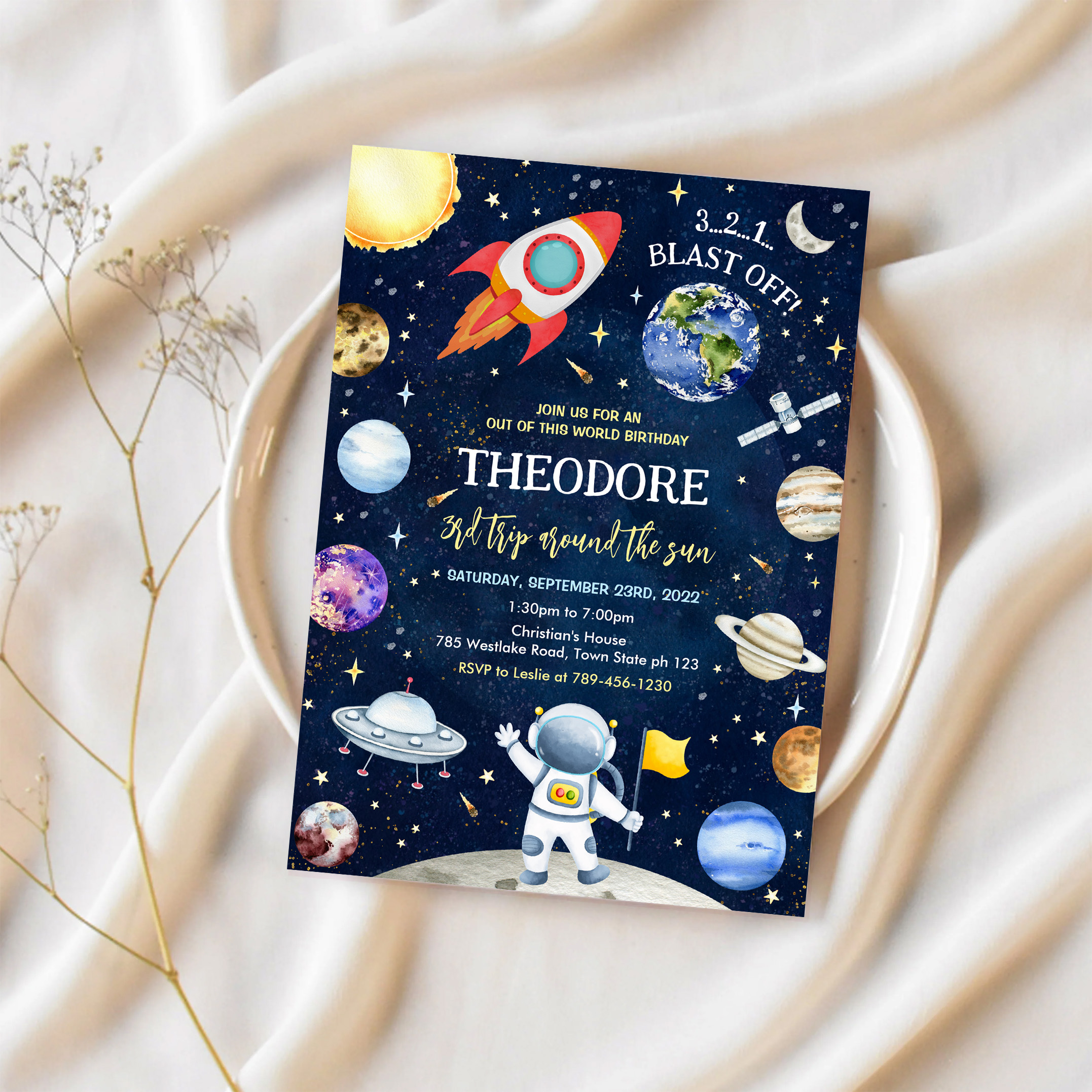 Outer Space Galaxy Planets Rocket Birthday Invitation - Image 2