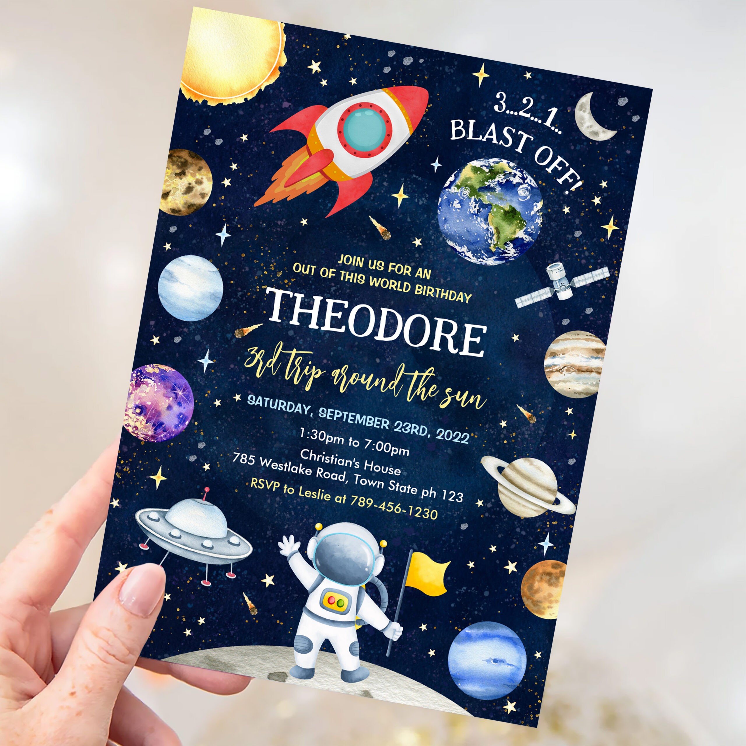 Outer Space Galaxy Planets Rocket Birthday Invitation - Image 3