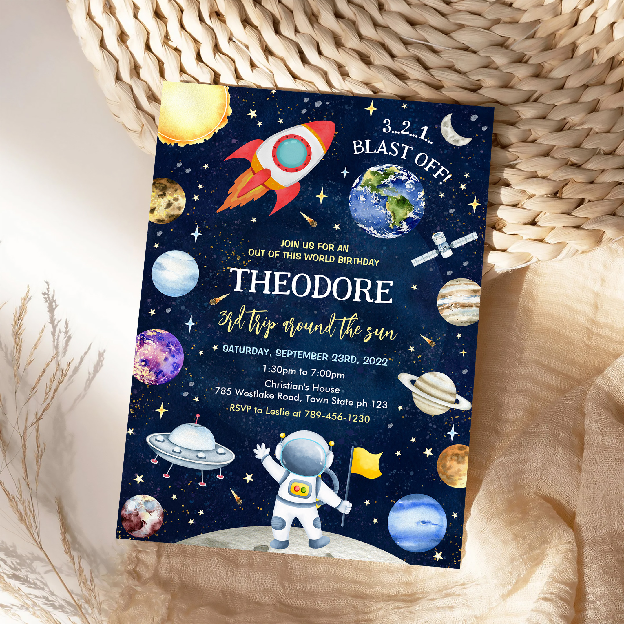 Outer Space Galaxy Planets Rocket Birthday Invitation - Image 4