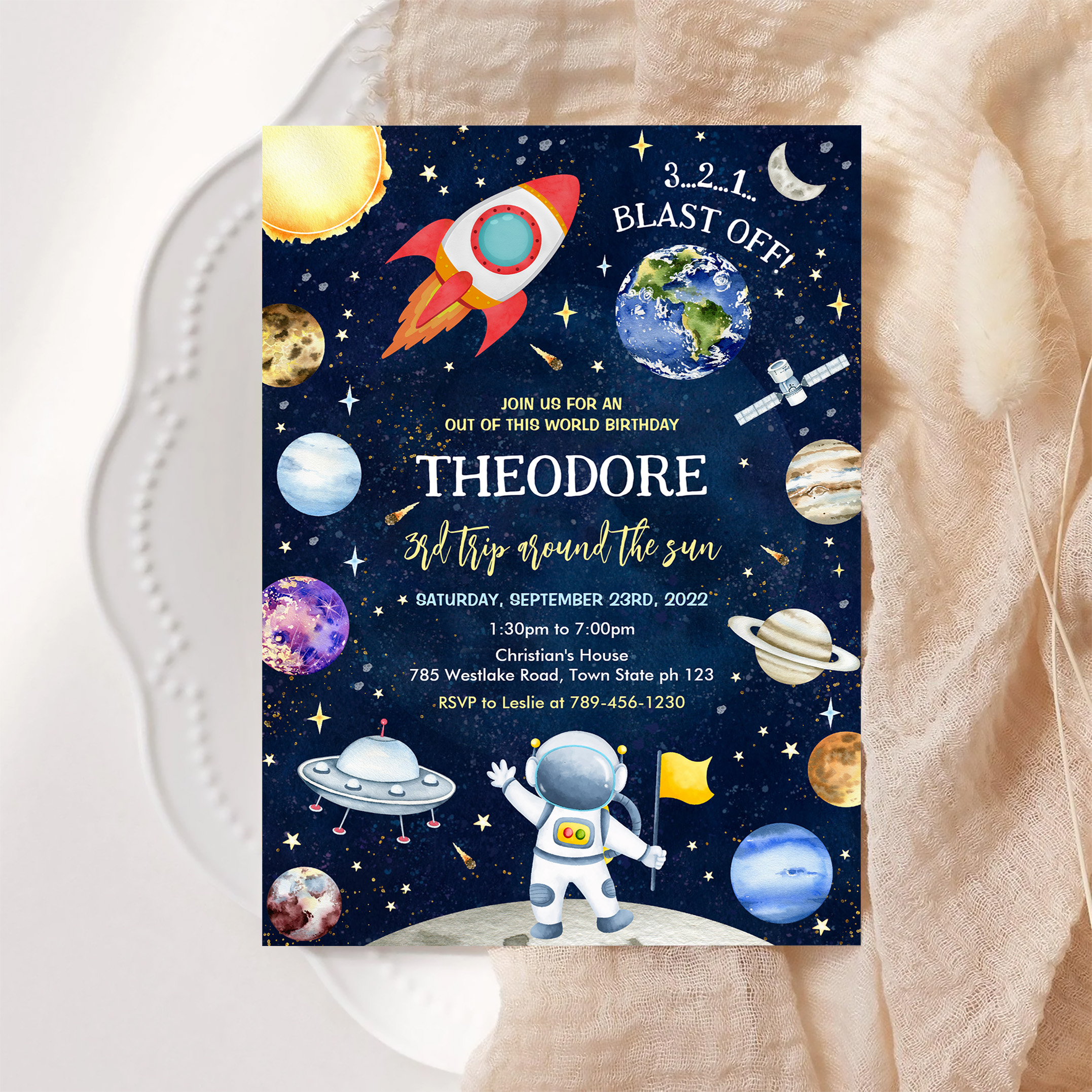 Outer Space Galaxy Planets Rocket Birthday Invitation - Image 6