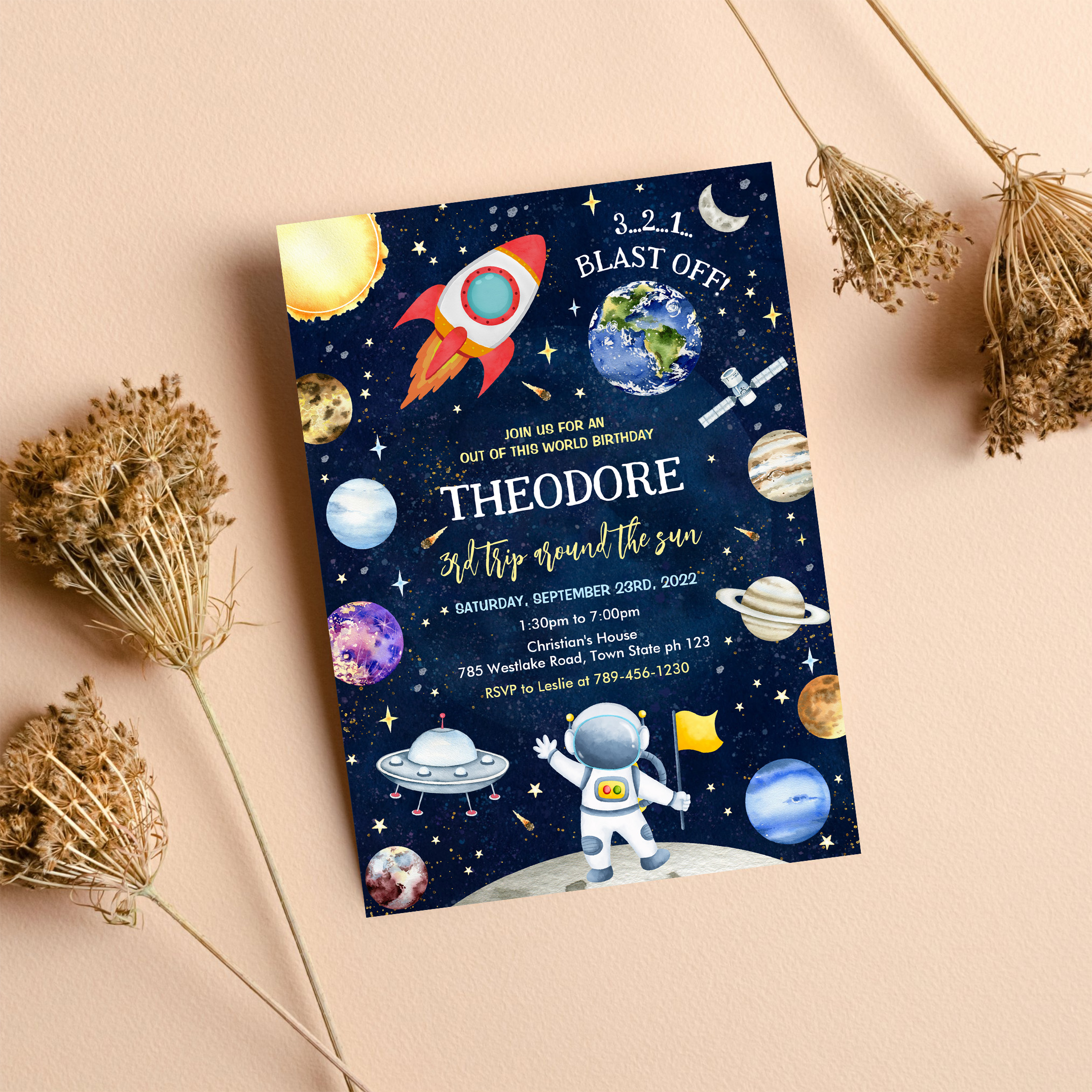 Outer Space Galaxy Planets Rocket Birthday Invitation - Image 8