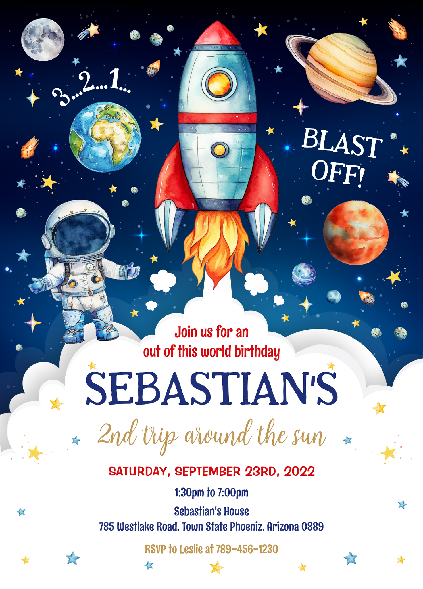 Outer Space Galaxy Planets Rocket Birthday Invitation