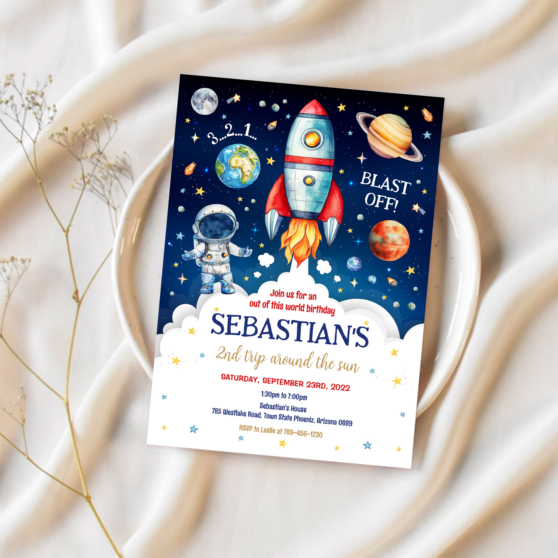 Outer Space Galaxy Planets Rocket Birthday Invitation - Image 2