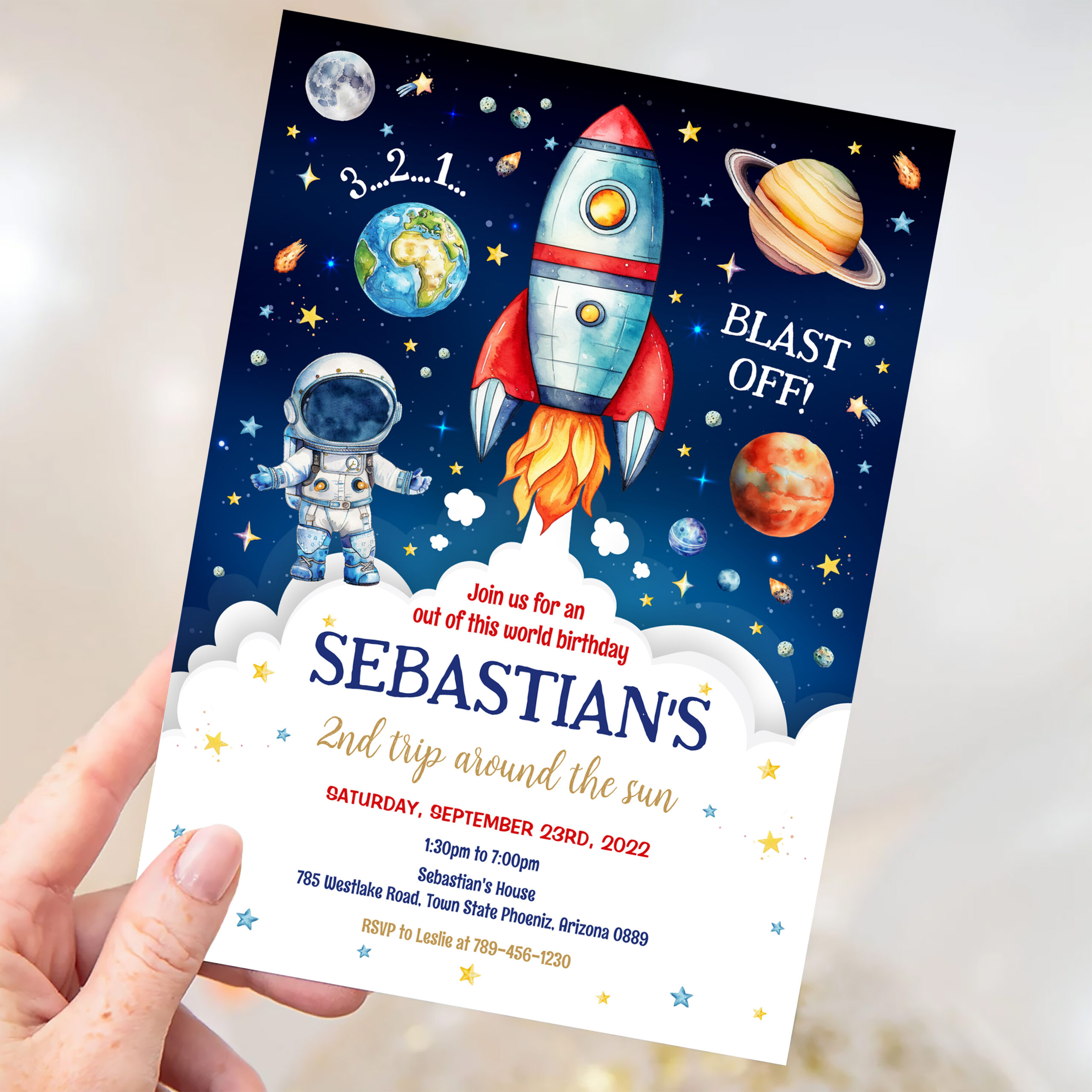 Outer Space Galaxy Planets Rocket Birthday Invitation - Image 3