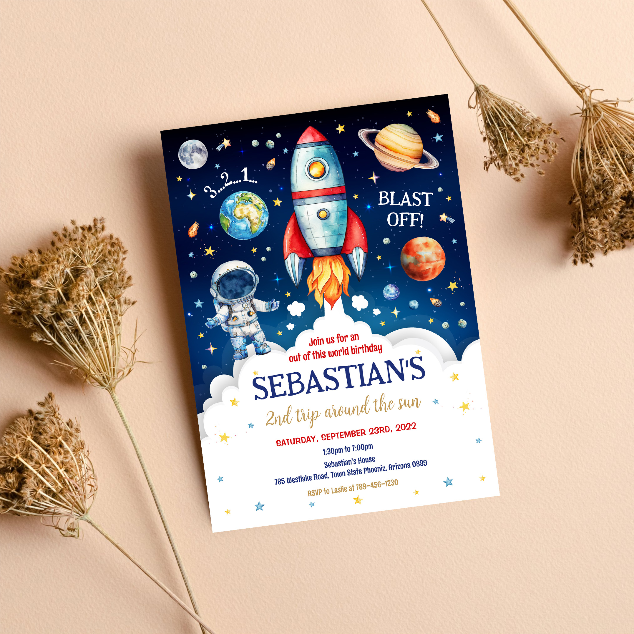 Outer Space Galaxy Planets Rocket Birthday Invitation - Image 8