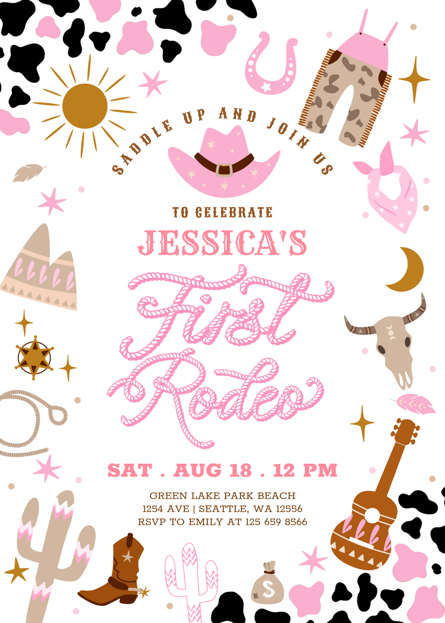 Pink Cowgirl My First 1st Rodeo Birthday Invitation