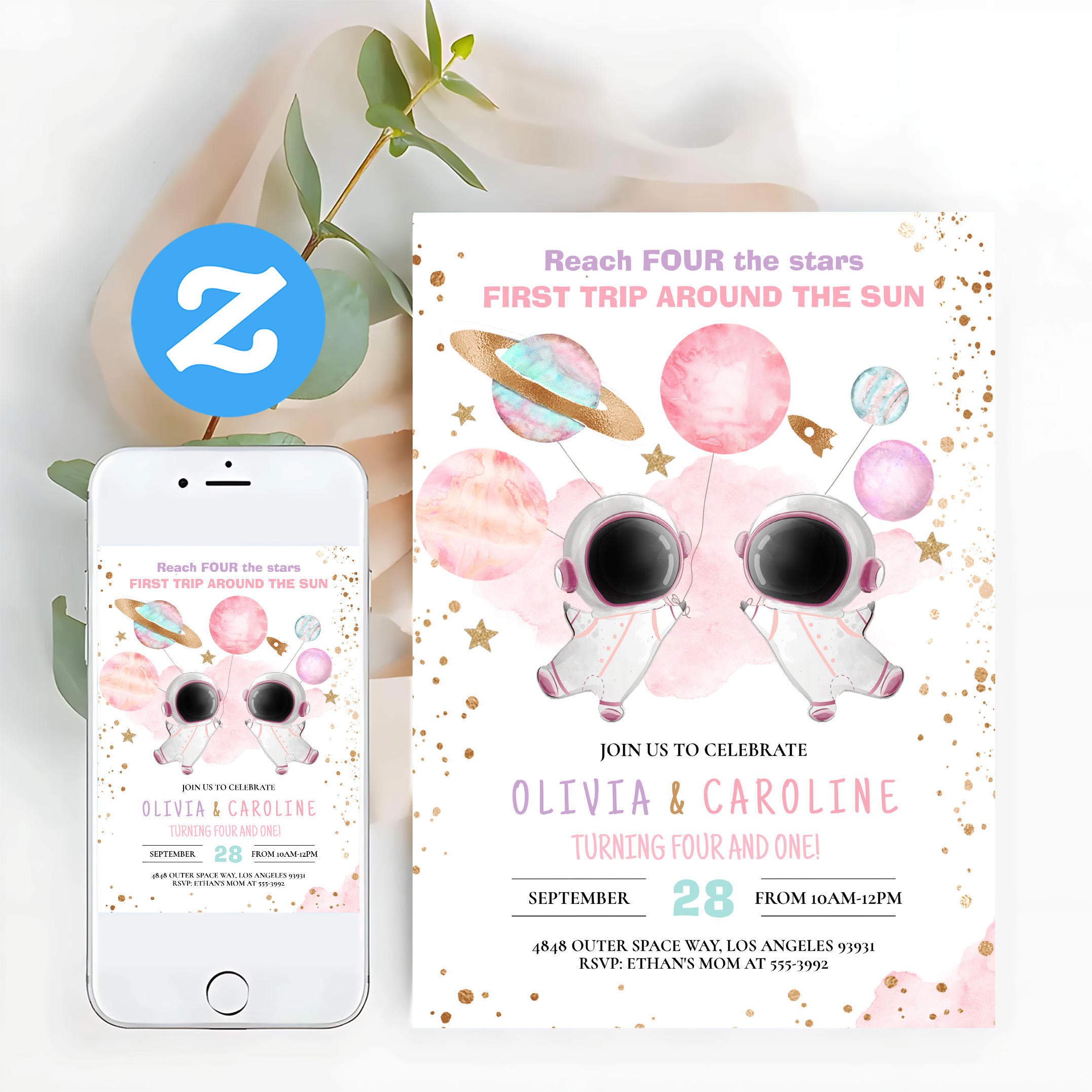 Siblings Astronaut Two The Moon Space Birthday Invitation - Image 12