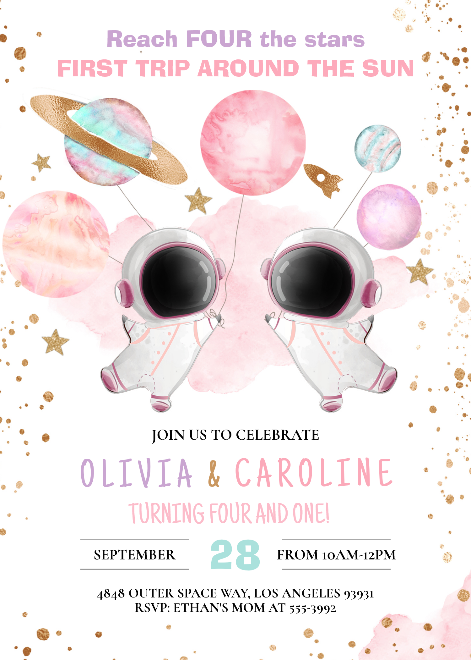 Siblings Astronaut Two The Moon Space Birthday Invitation