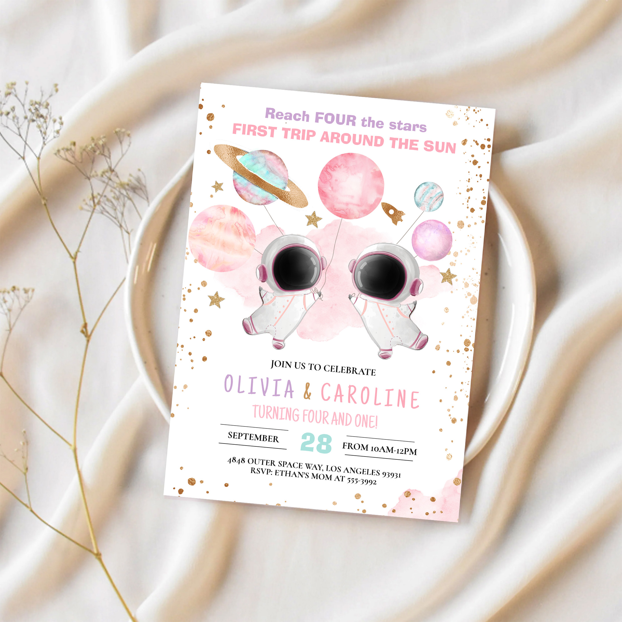 Siblings Astronaut Two The Moon Space Birthday Invitation - Image 2