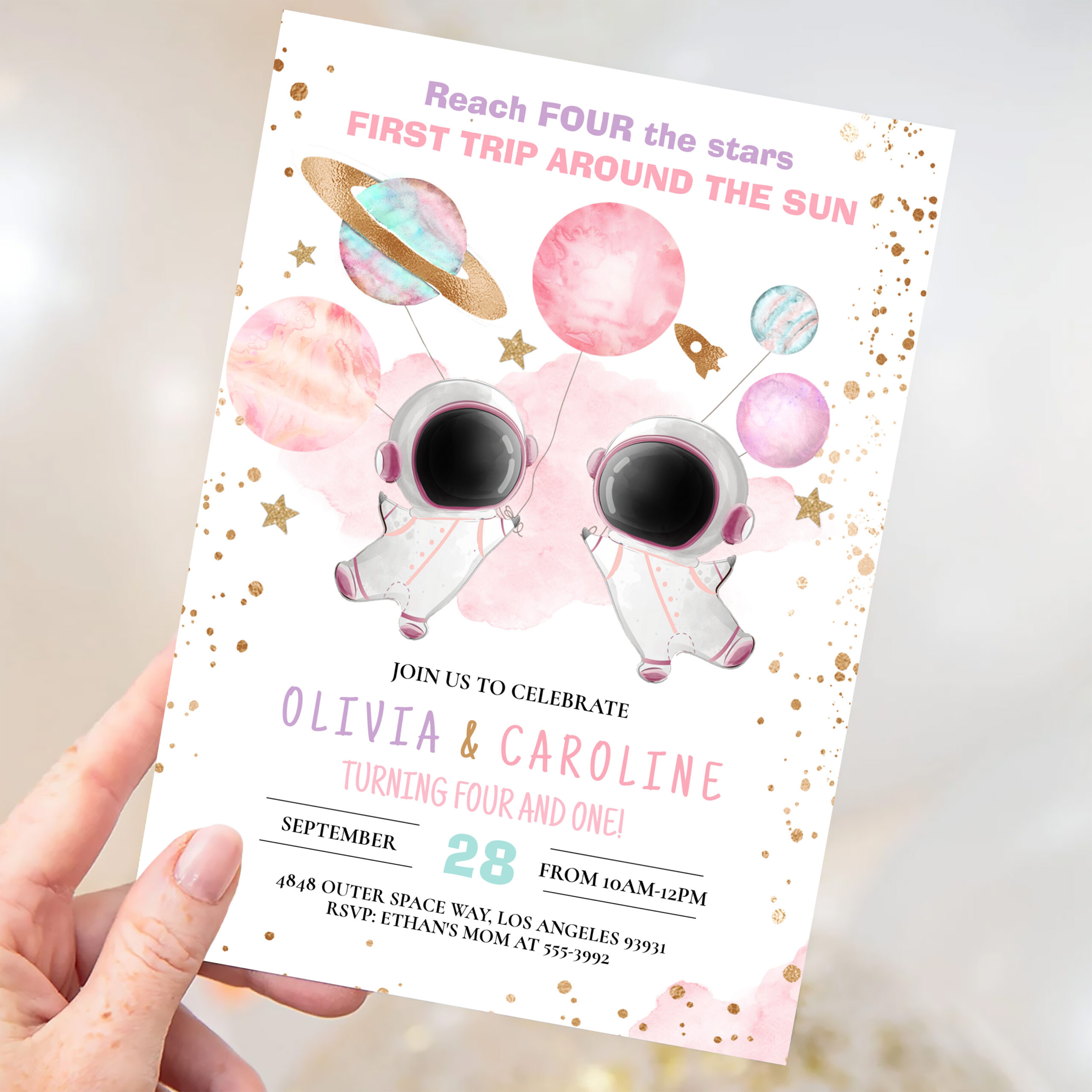 Siblings Astronaut Two The Moon Space Birthday Invitation - Image 3