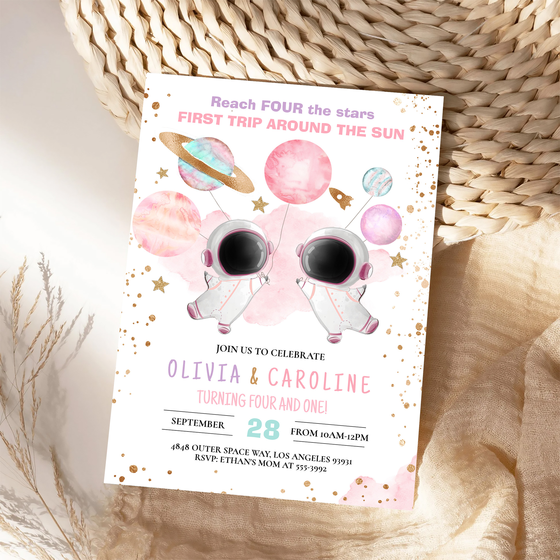 Siblings Astronaut Two The Moon Space Birthday Invitation - Image 4