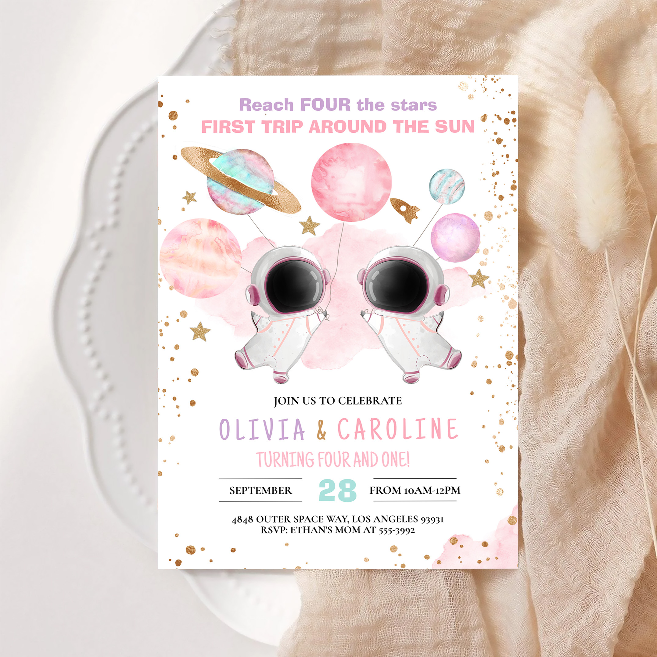 Siblings Astronaut Two The Moon Space Birthday Invitation - Image 6