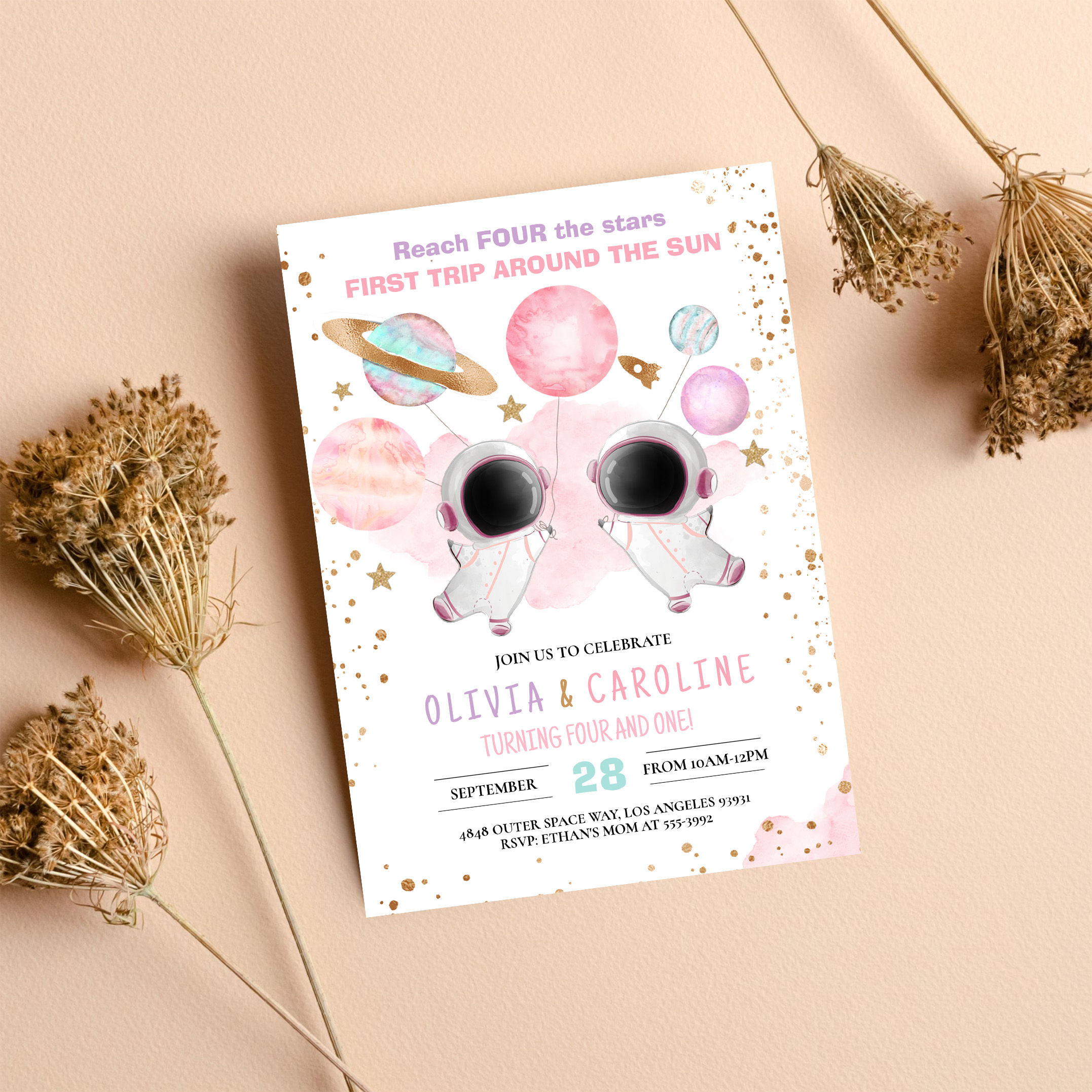 Siblings Astronaut Two The Moon Space Birthday Invitation - Image 8