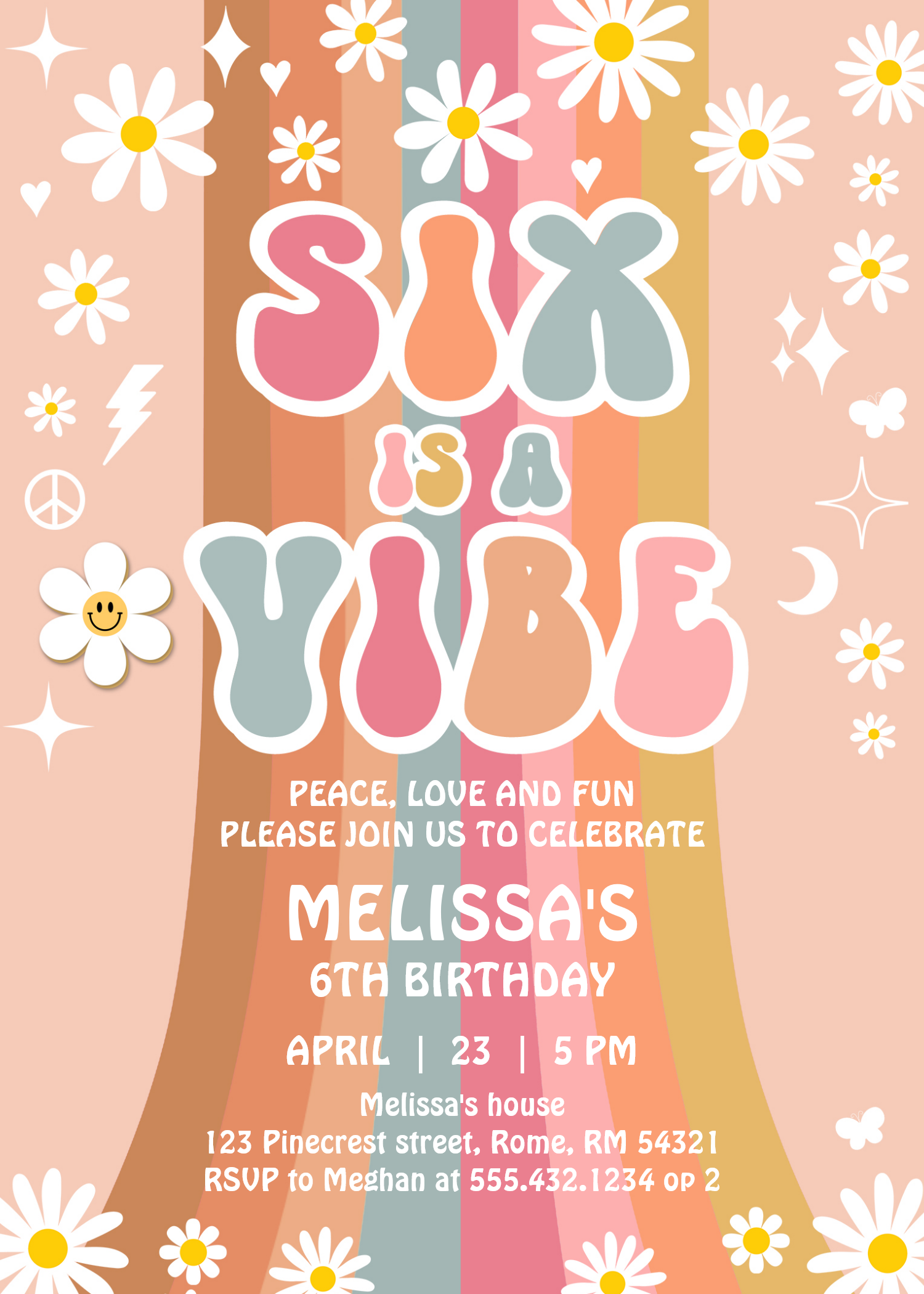 Six Is A Vibe Rainbow Retro Groovy 6th Birthday Invitation