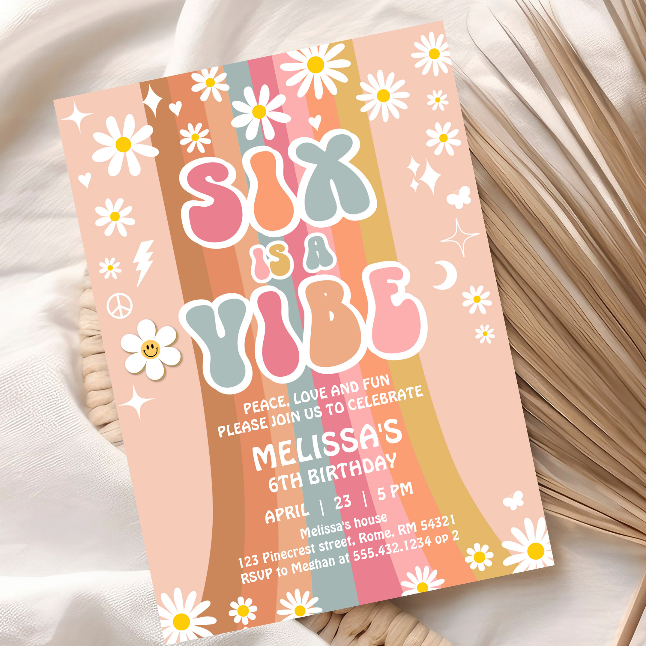 Six Is A Vibe Rainbow Retro Groovy 6th Birthday Invitation - Image 10