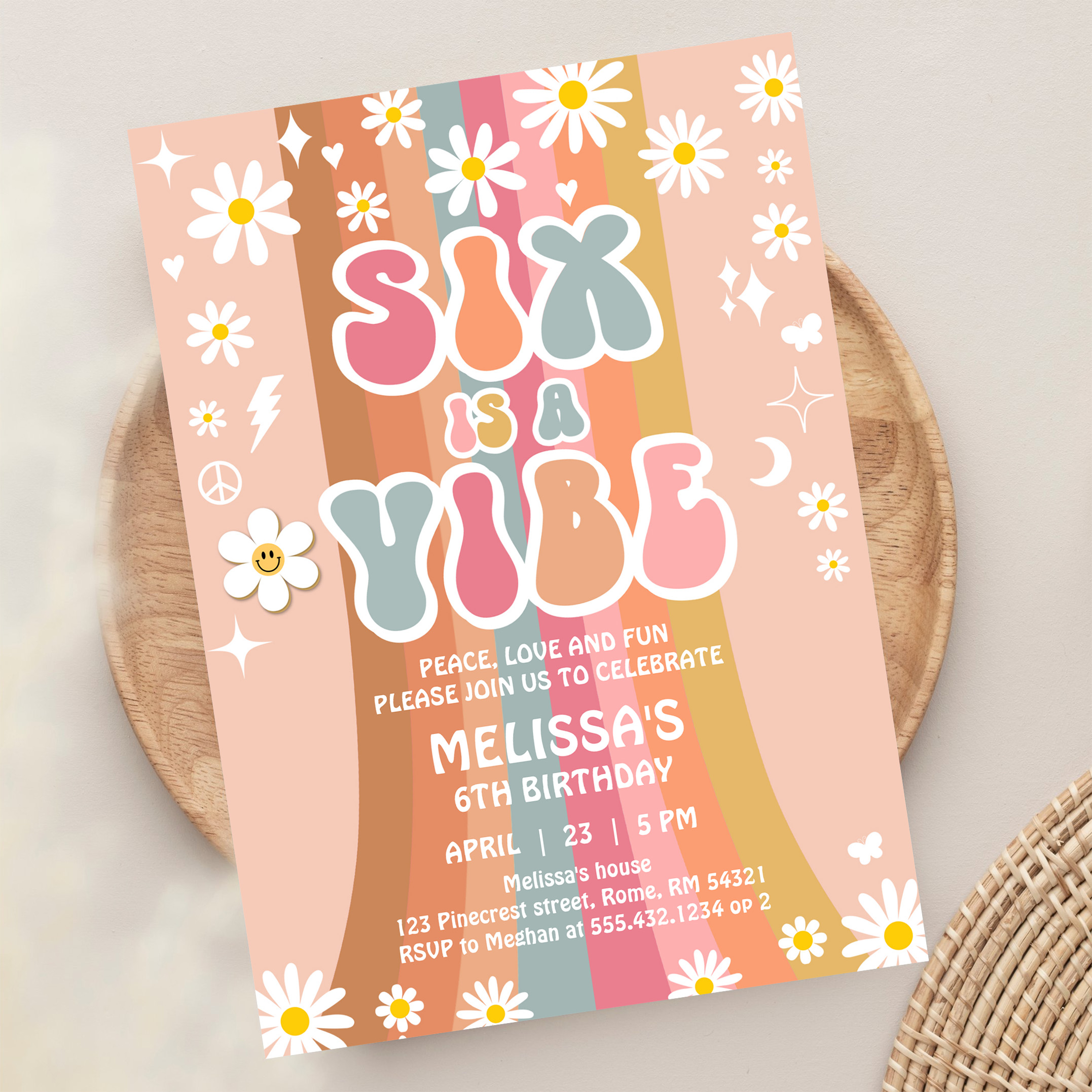 Six Is A Vibe Rainbow Retro Groovy 6th Birthday Invitation - Image 13