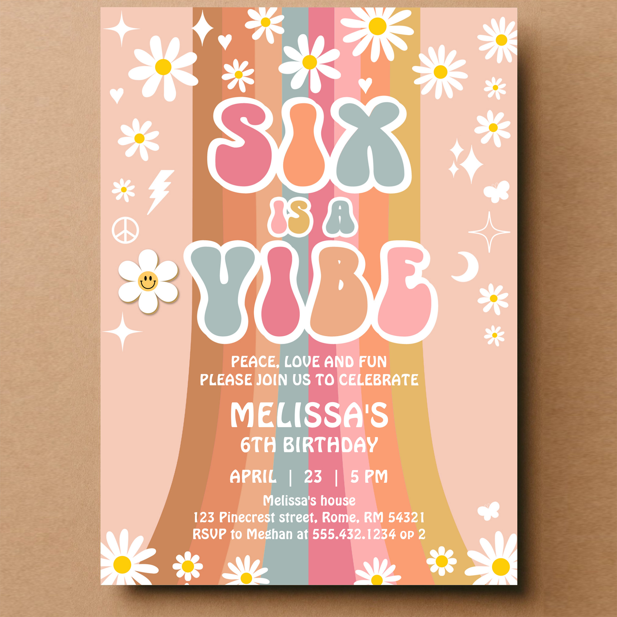 Six Is A Vibe Rainbow Retro Groovy 6th Birthday Invitation - Image 14