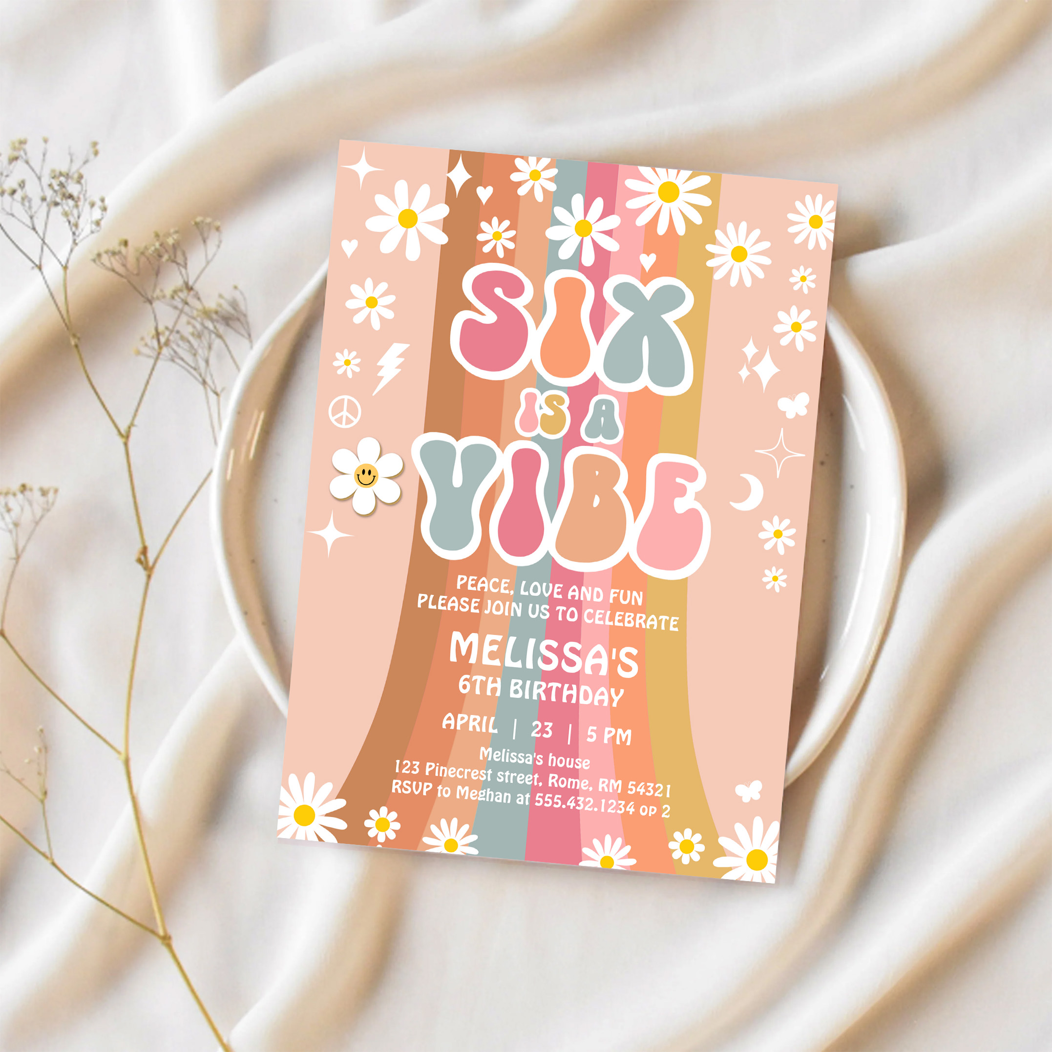 Six Is A Vibe Rainbow Retro Groovy 6th Birthday Invitation - Image 2